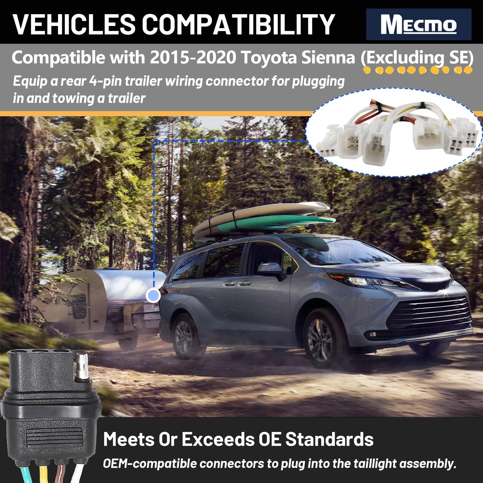 MECMO Arnés de cableado plano de 4 vías para Toyota Sienna 2015-2022, excluyendo SE, conector en T con convertidor de luz trasera alimentado, cableado de enganche plano de 4 polos para el lado del