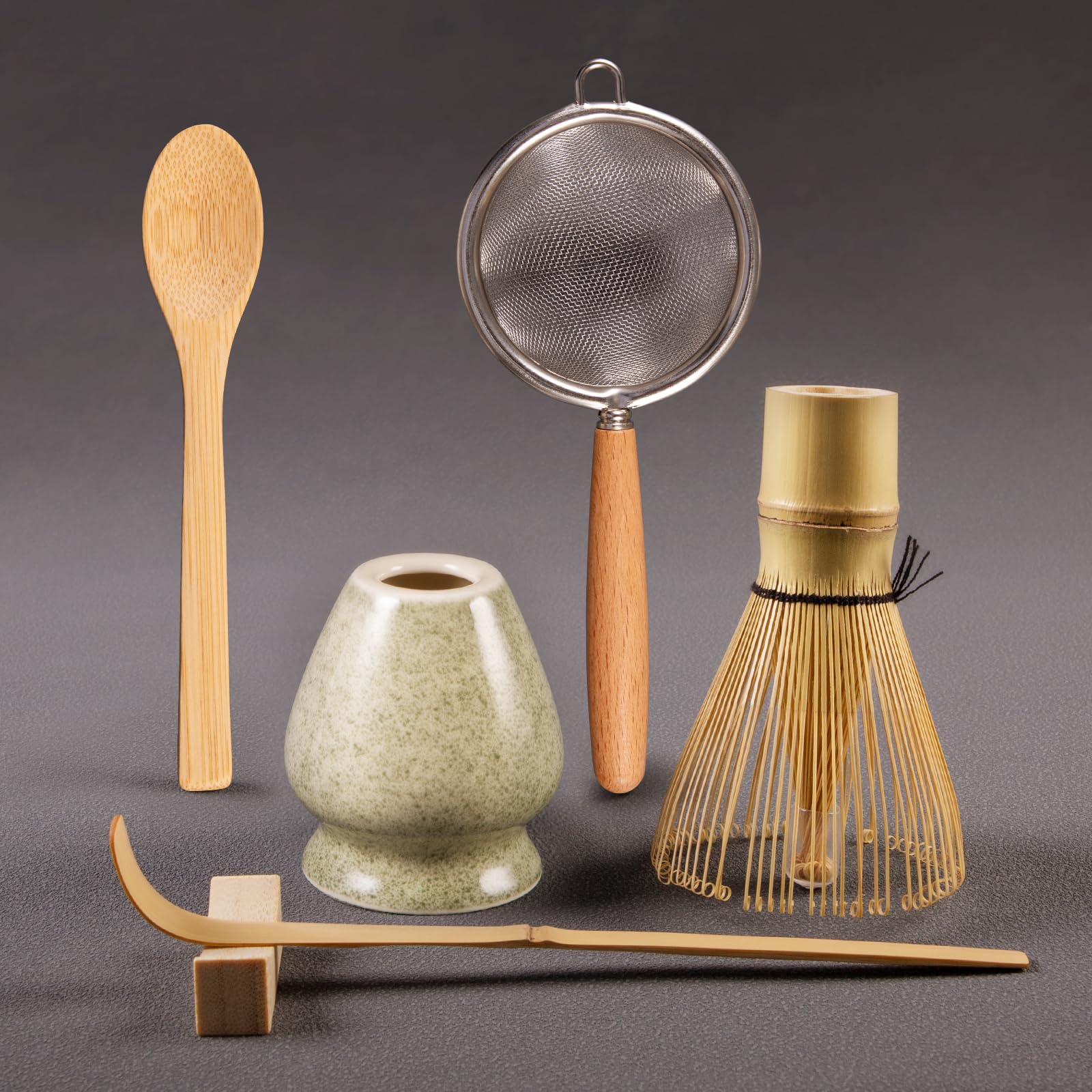 COANTO Matcha Whisk Set - Includes Sifter Bamboo Whisk (Chasen), Tea Spoon, Spoon Holder, Scoop and Green Whisk Holder, 6pcs (No Bowl Included)