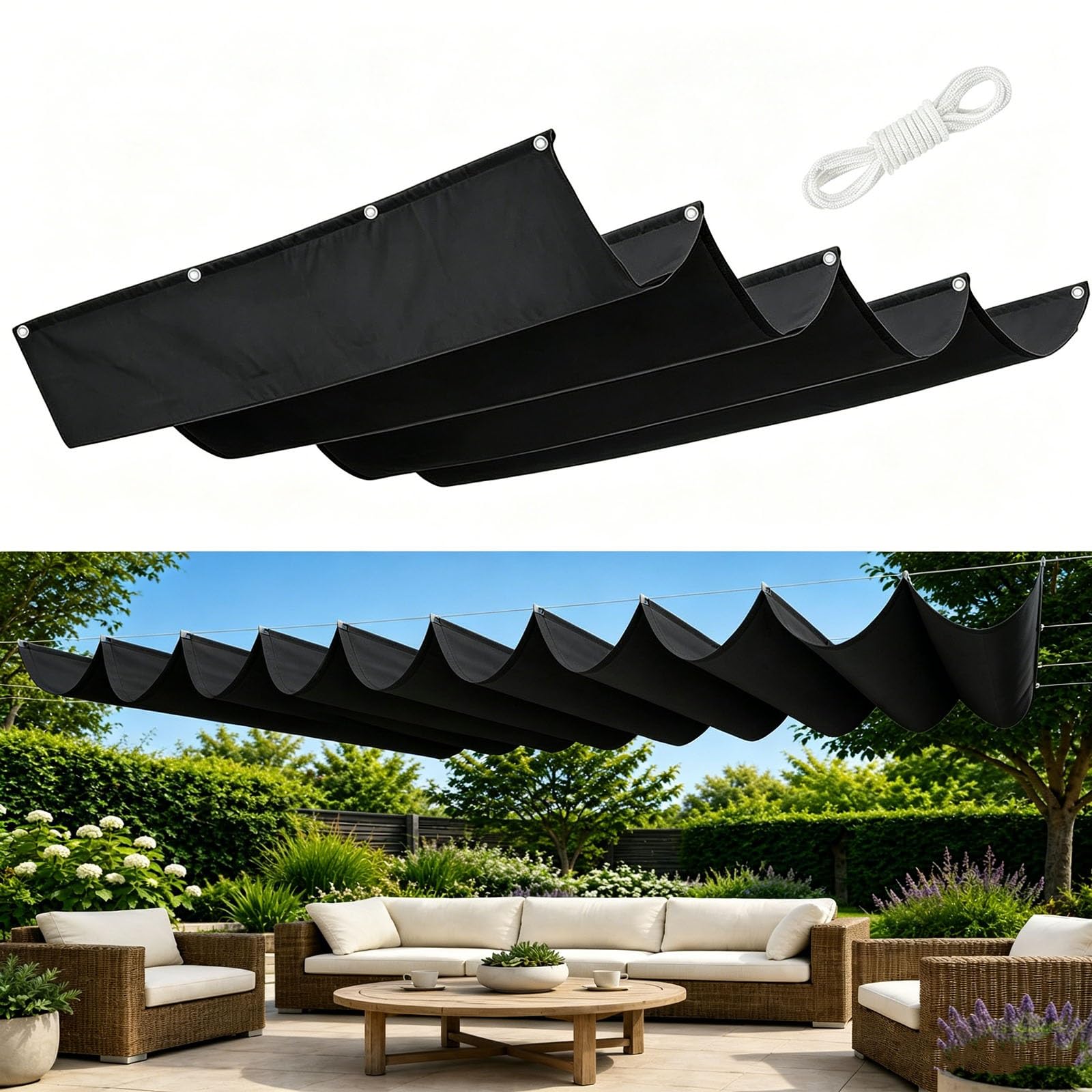 Voile ombrage pergola rétractable noir pour créer un coin d'ombre au jardin