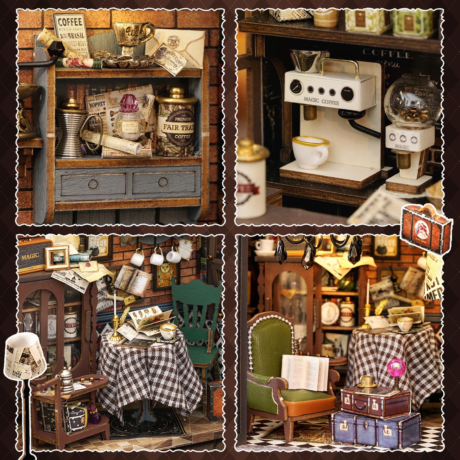 Fsolis DIY Puppenhaus aus Holz, Maßstab 1:24, Puppenhaus-Miniatur mit Möbeln und Staubschutz, handgefertigtes Handwerk, Miniatur-Puppenhaus-Set für Teenager und Erwachsene (Vintage Coffee Shop)