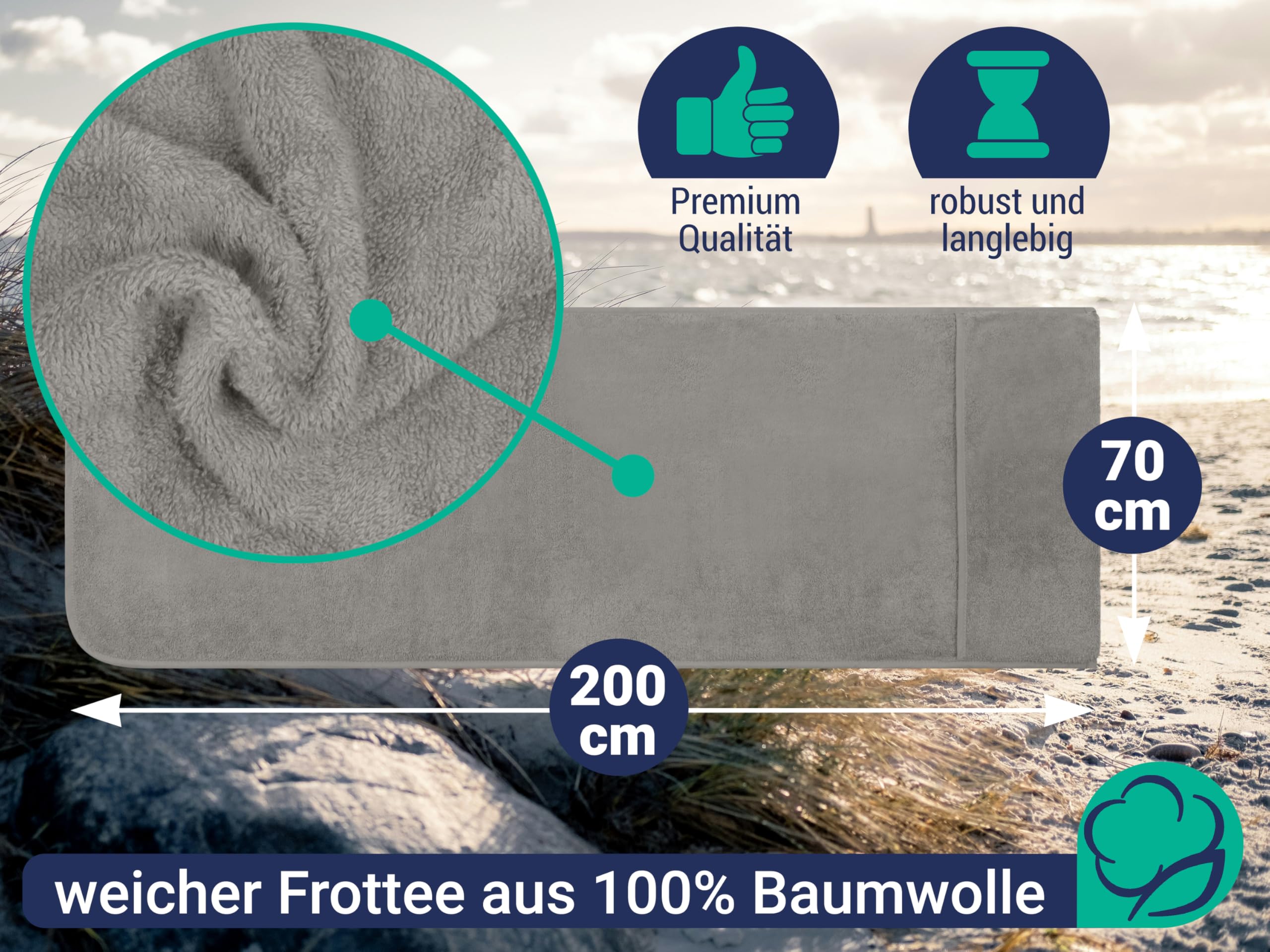 Housse de Chaise pour Salon de Jardin Exterieur 70x200 cm - Tissu éponge 100% Coton Doux - Housse de Coussin pour Chaise Longue - certifiée Oeko-TEX, Argent