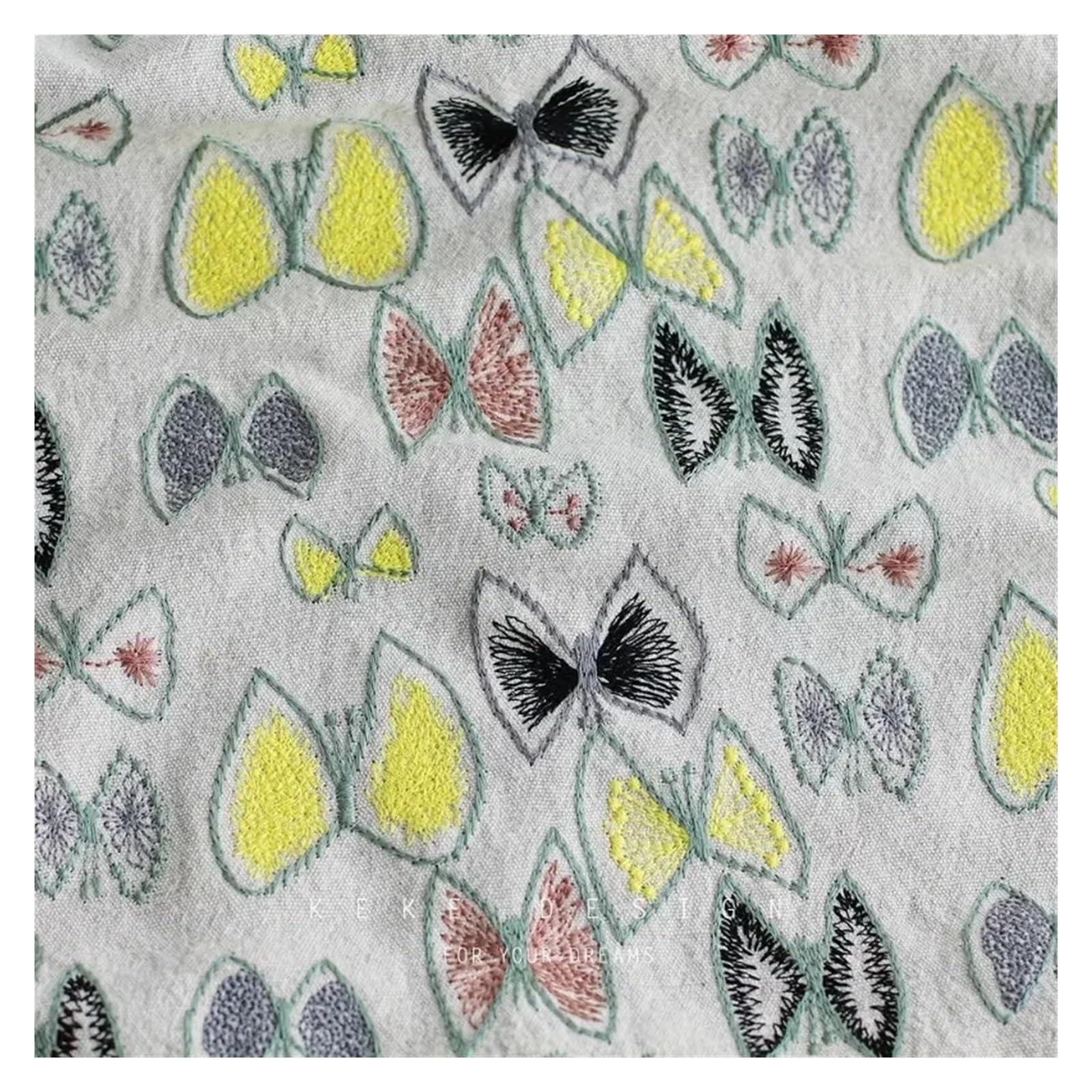 Tissu Bricolage Industrie Lourde Broderie Tridimensionnelle Lin Dessin Animé Papillon Canapé Rideau(Color03)