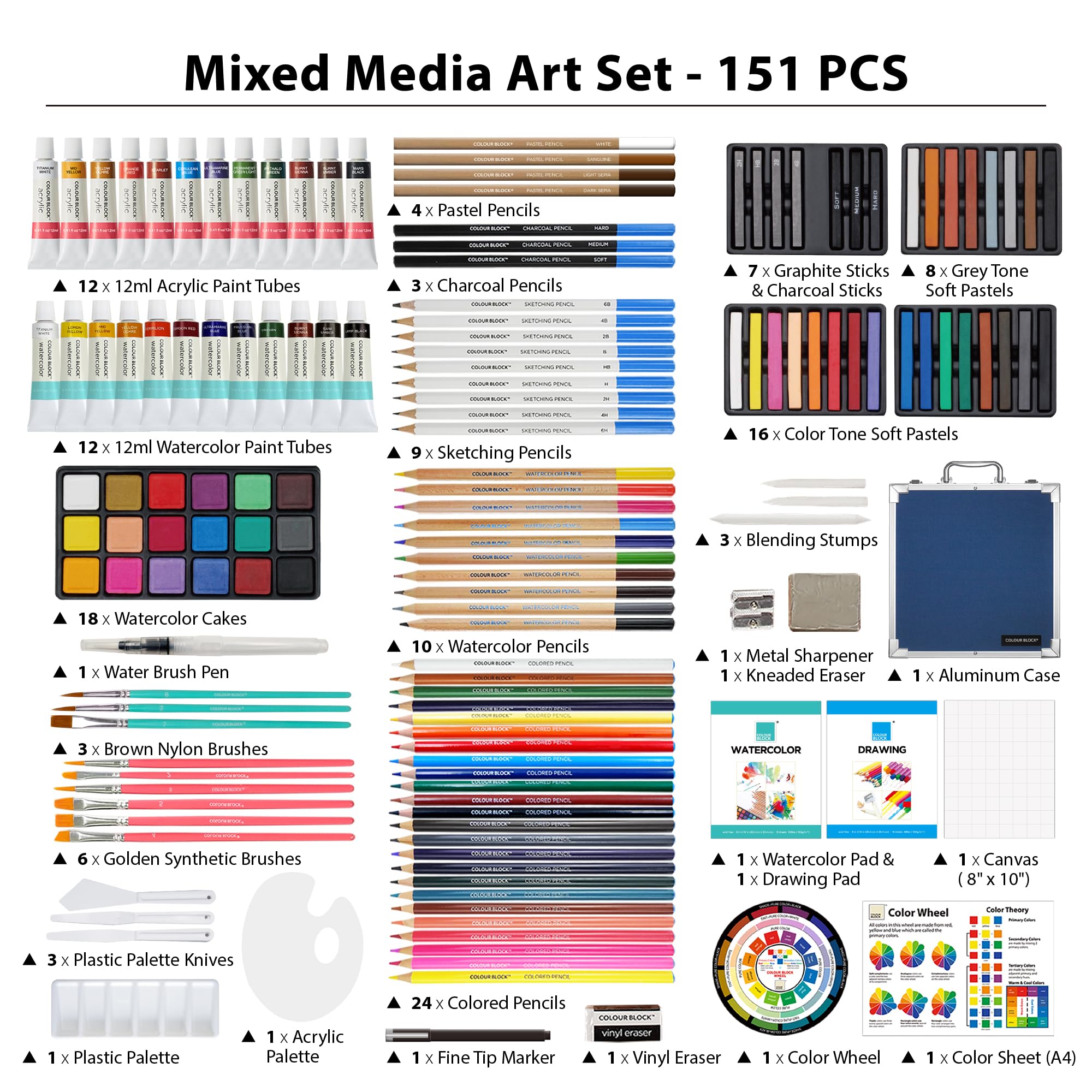 Colour Block Art Set: 151 Piece Professional Art Supplies -3 Colour Block Art Set: 151 Piece Professional Art Supplies -3