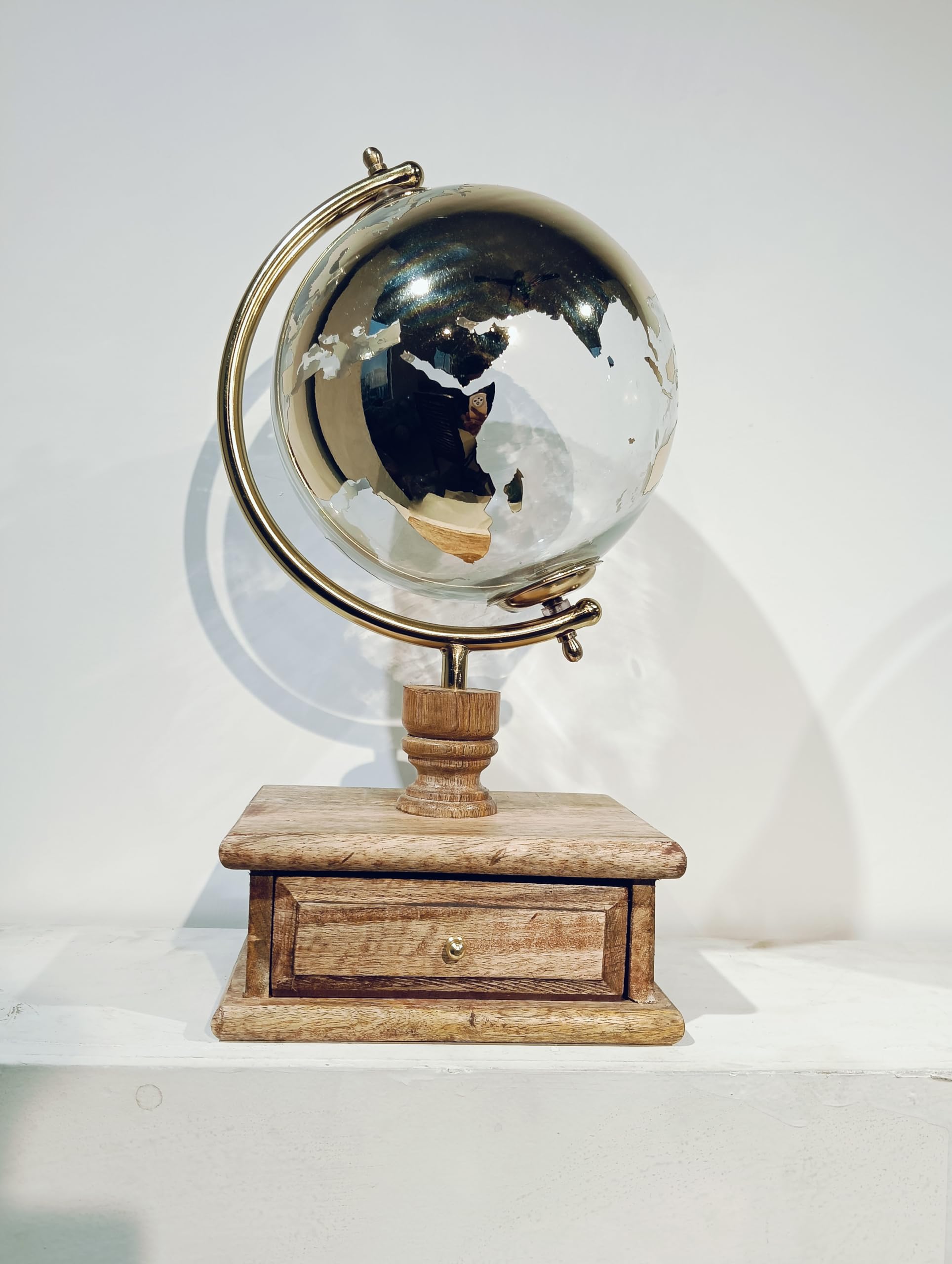 GLOBE DADDY Rotating 8 Inch World Glass Globs with Metal Arc and Wooden Drawer for Show pieces for Home Décor, Office Decor and Decorations items,Study Table decor Items, Birthday, Party Gifts and Aniversary.