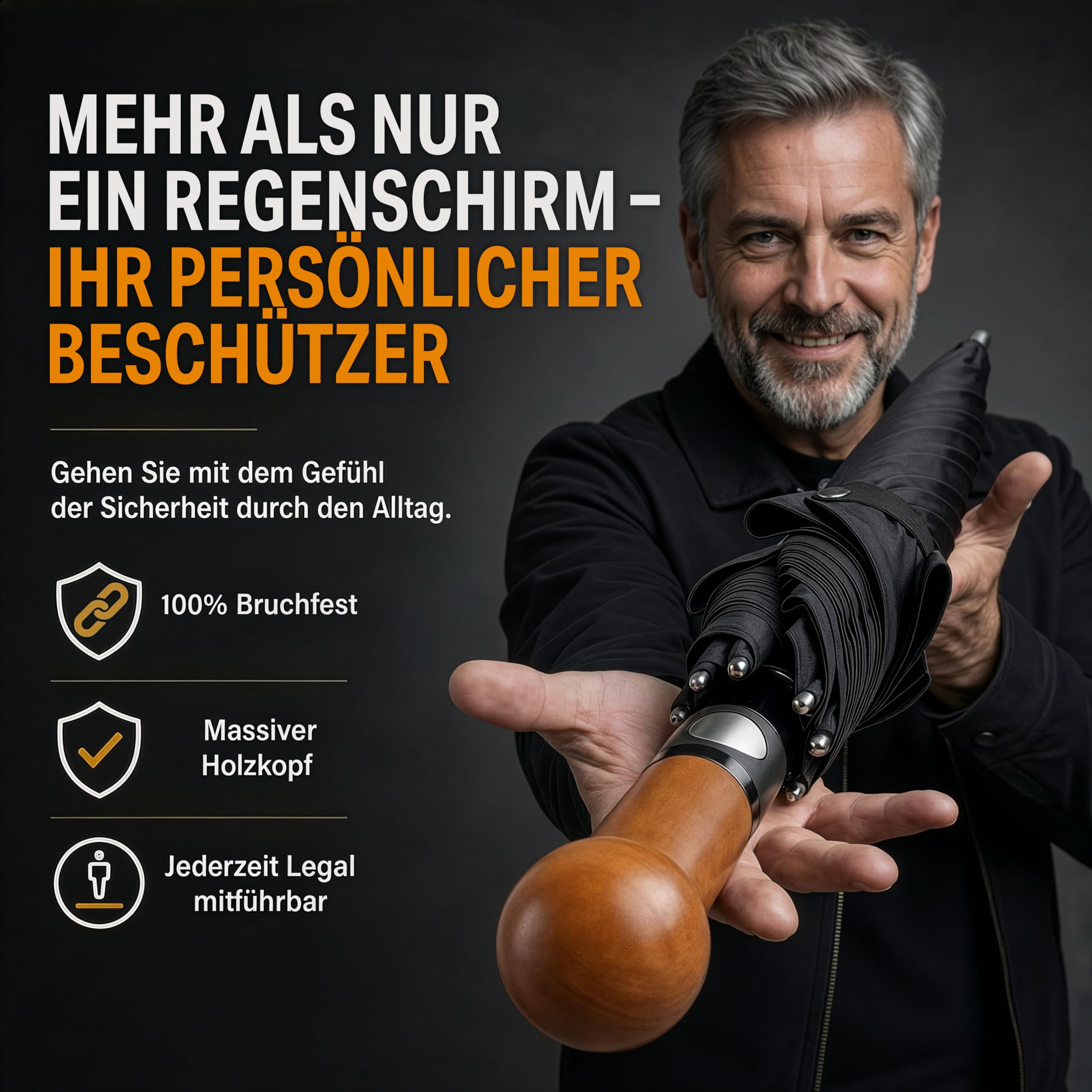 Sicherheitsschirm Selbstverteidigungsschirm XXL – Extrem stabil & nahezu unzerbrechlich – Fiberglas-Kern – Massivholzgriff – Sturmfest für 2 Personen – Regenschirm Selbstverteidigung schwarz