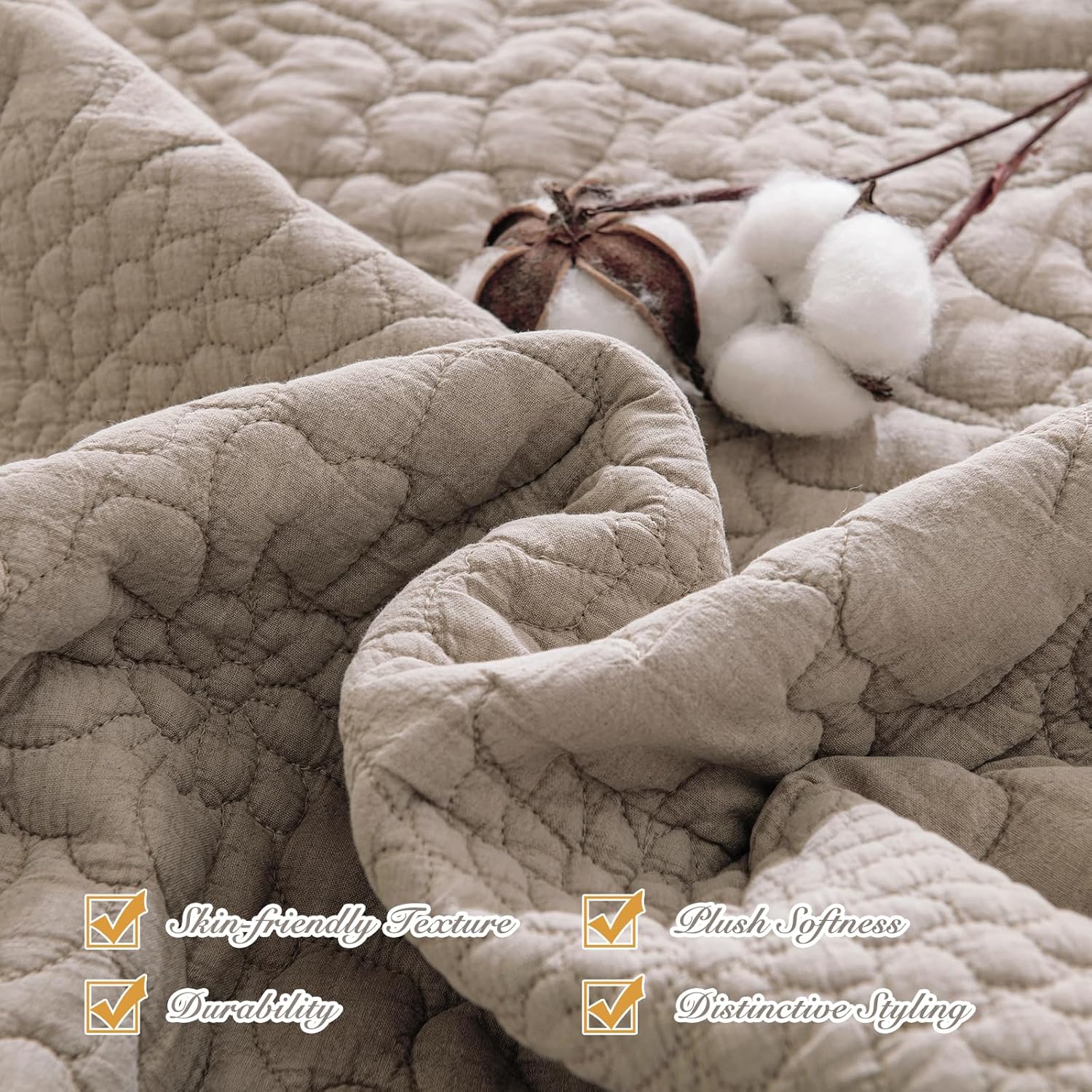 Sanracie Oversized King Quilt Set(120"x120"), California King Bedspread Sets, Shabby Rustic Chic Washed Cotton Coverlet Bedding Summer Spring, Oversized Lightweight Quilt with 2 Shams, Linen, 3PCS - Image 3