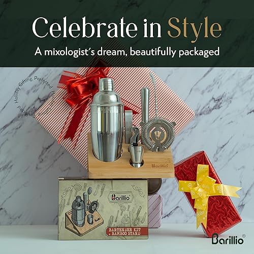 Miniatura 12 de Barillio Gold Bartender Kit – Juego de coctelera de acero inoxidable con soporte de bambú – Herramientas de barra de mixología con coctelera, Dorado