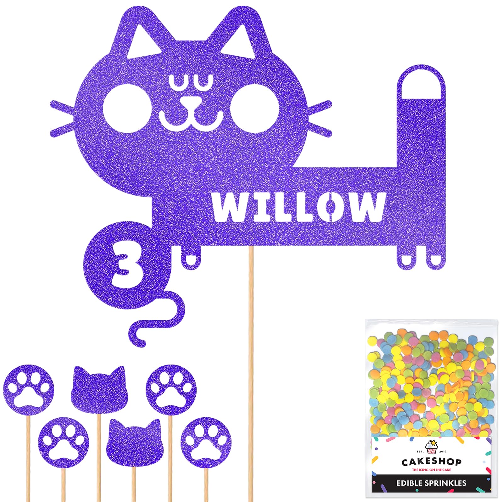 Personalised Birthday Cat Kitten Glitter Cake Topper- Bright Blue Any Name & Age Glitter Cake Decoration and Sprinkles - Happy Birthday Decorations - Personalised Toppers for Cakes by Cakeshop