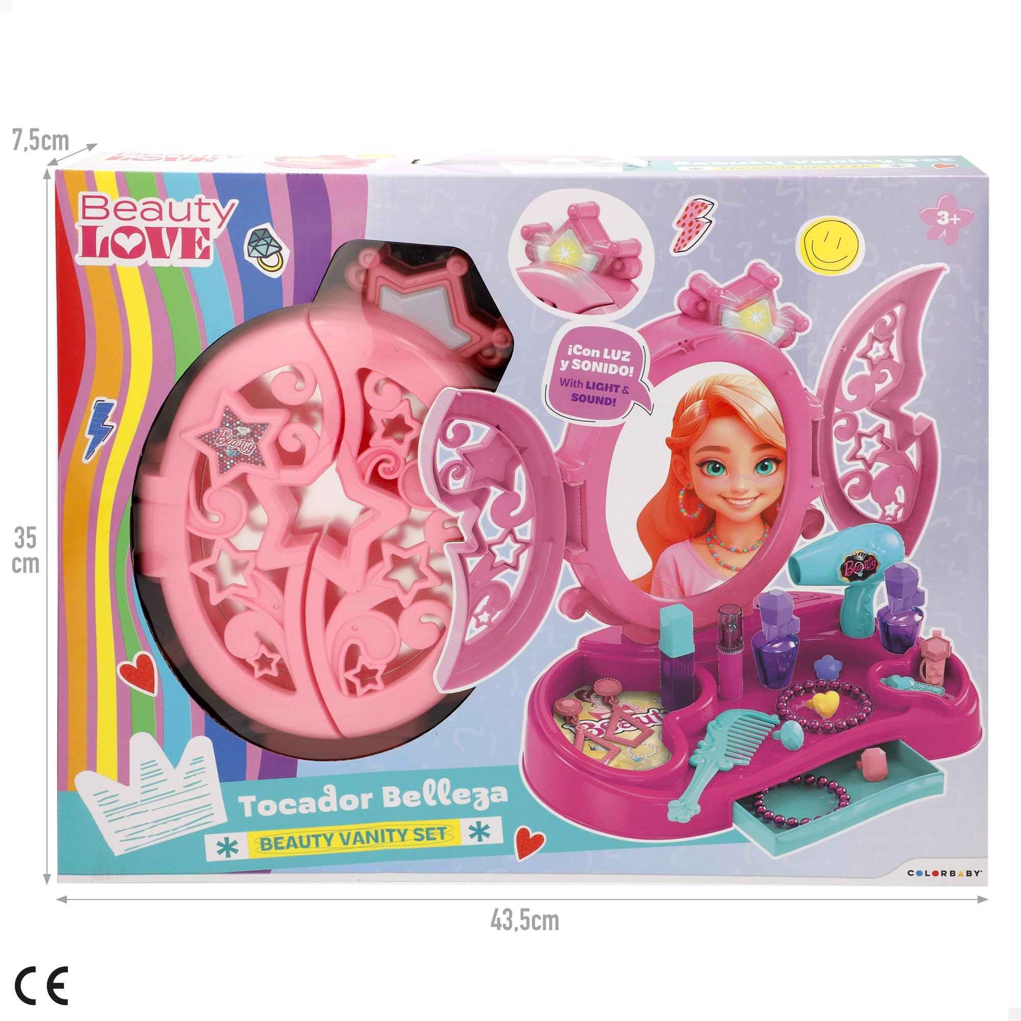 ColorBaby Beauty Love Tocador Infantil luz y Sonido, Medidas 27x18x31,5 cm, Incluye Espejo, secador, Peine, perfumes, pintalabios, Anillos, Pulseras y Accesorios, Desde 3 años (39439)
