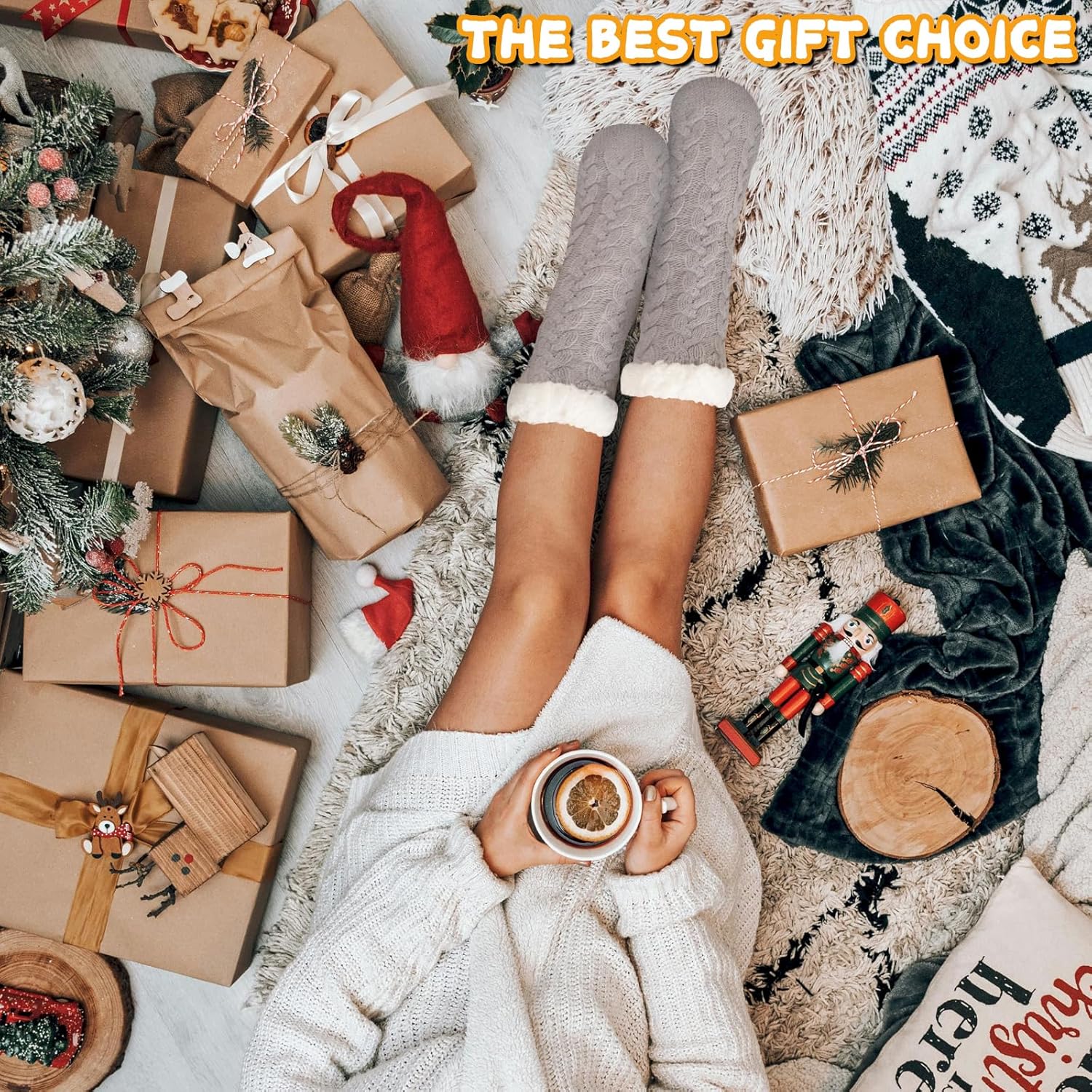 Womens Warm Slipper Socks Winter Knit Fuzzy Cozy Thick Fleece Lined Socks with Grippers Thermal Home Socks - Image 3