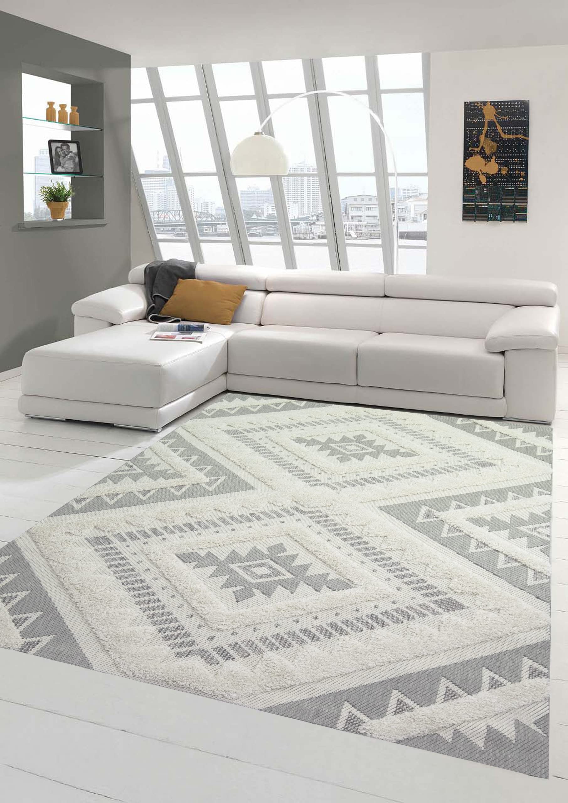 Teppich-Traum In- & Outdoor Teppich Sisal Wohnzimmer Wintergarten orientalisches Rautenmuster gezackt mit flauschigem Hoch Tief Effekt in Creme Größe 120x170 cm