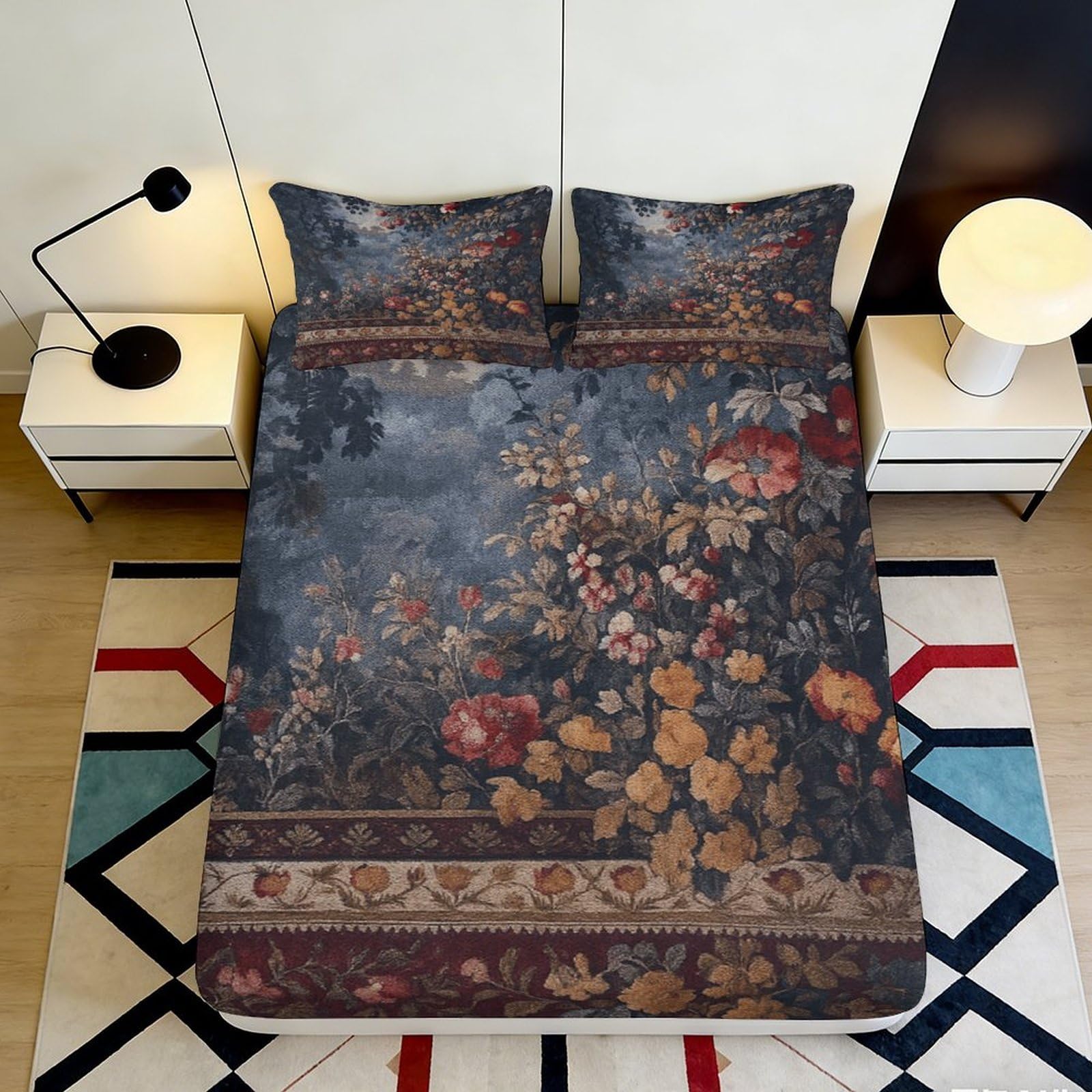 3D Printed Vintage Floral Fitted Sheet Microfiber Soft Artistic Baroque Flowers Mattress Cover Bedroom Decor 90x200x25cm