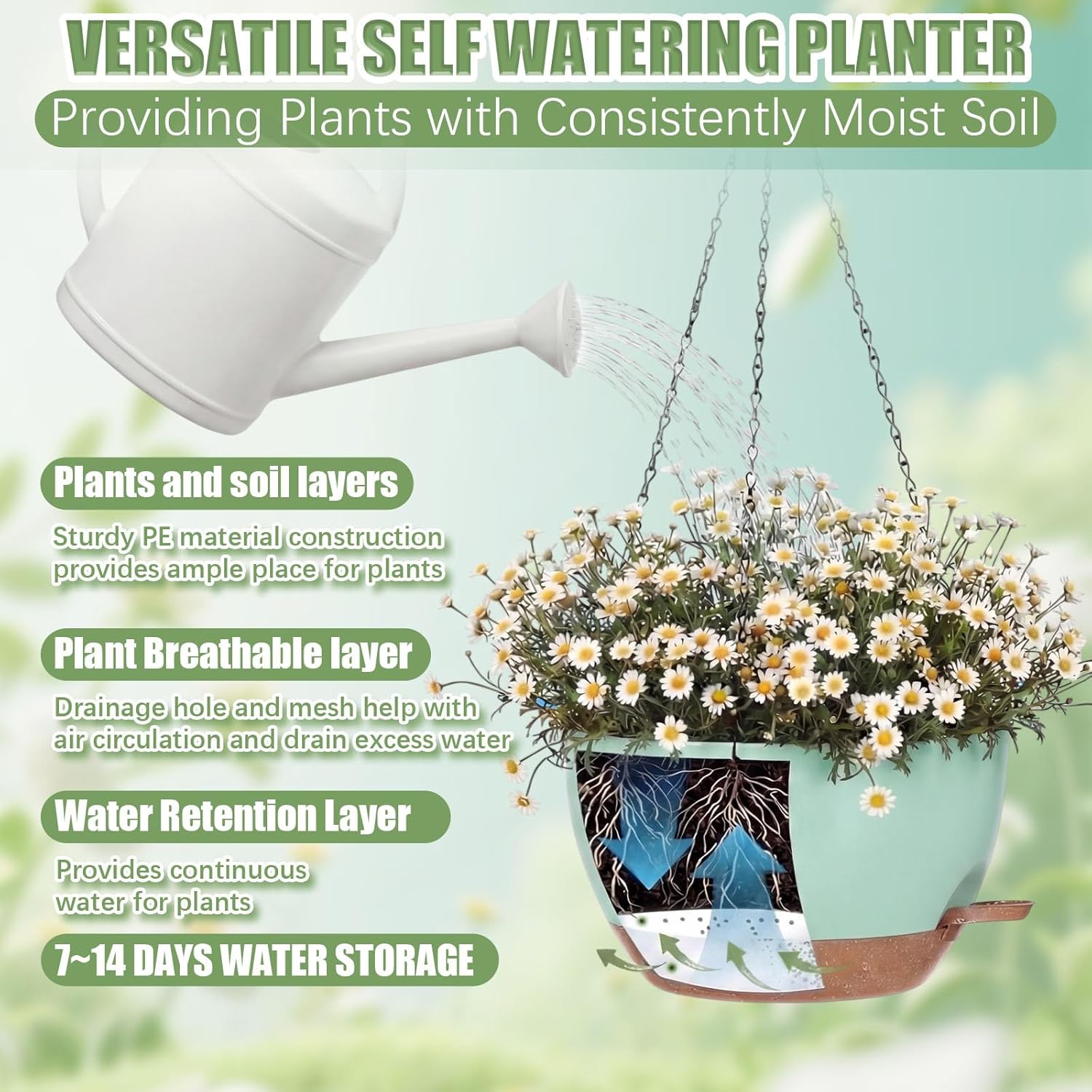 Sliner Set of 4-10 Inch Self Watering Hanging Planters Includes Hanging Pots and Outdoor Hanger Plant Pots with Drainage Holes 2 Types of Hanger Basket Hooks for Patio Garden(Green Brown)