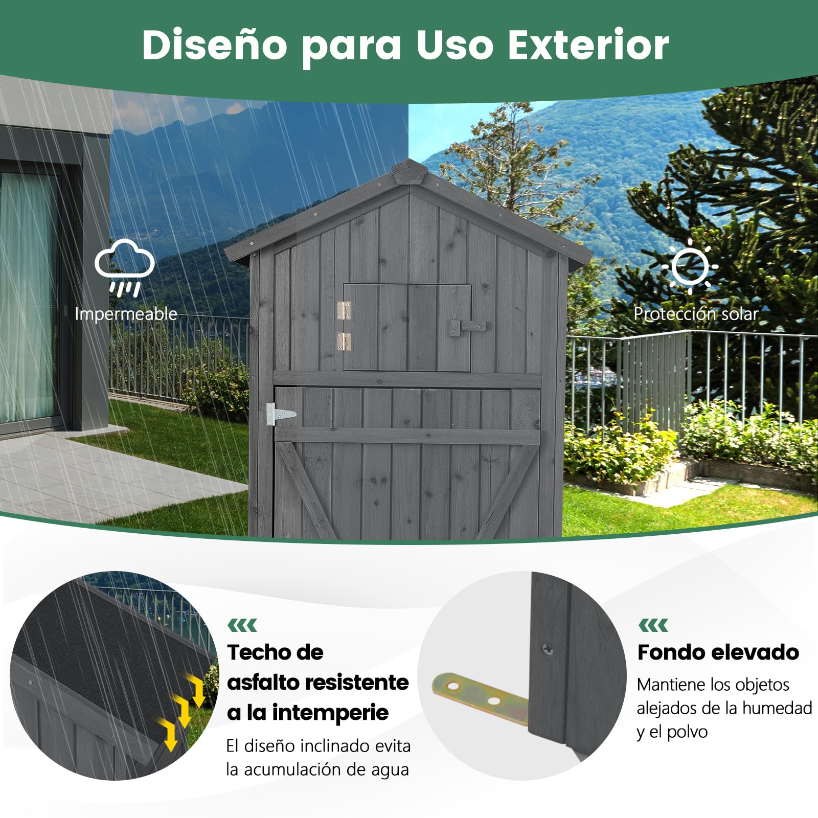 GOPLUS Caseta de jardín de Madera de Abeto para Exterior, 75 x 50 x 180,5 cm, Cobertizo de Herramientas con Puerta Cerrada, 3 Estantes extraíbles, Mesa Plegable, Ganchos (Gris)