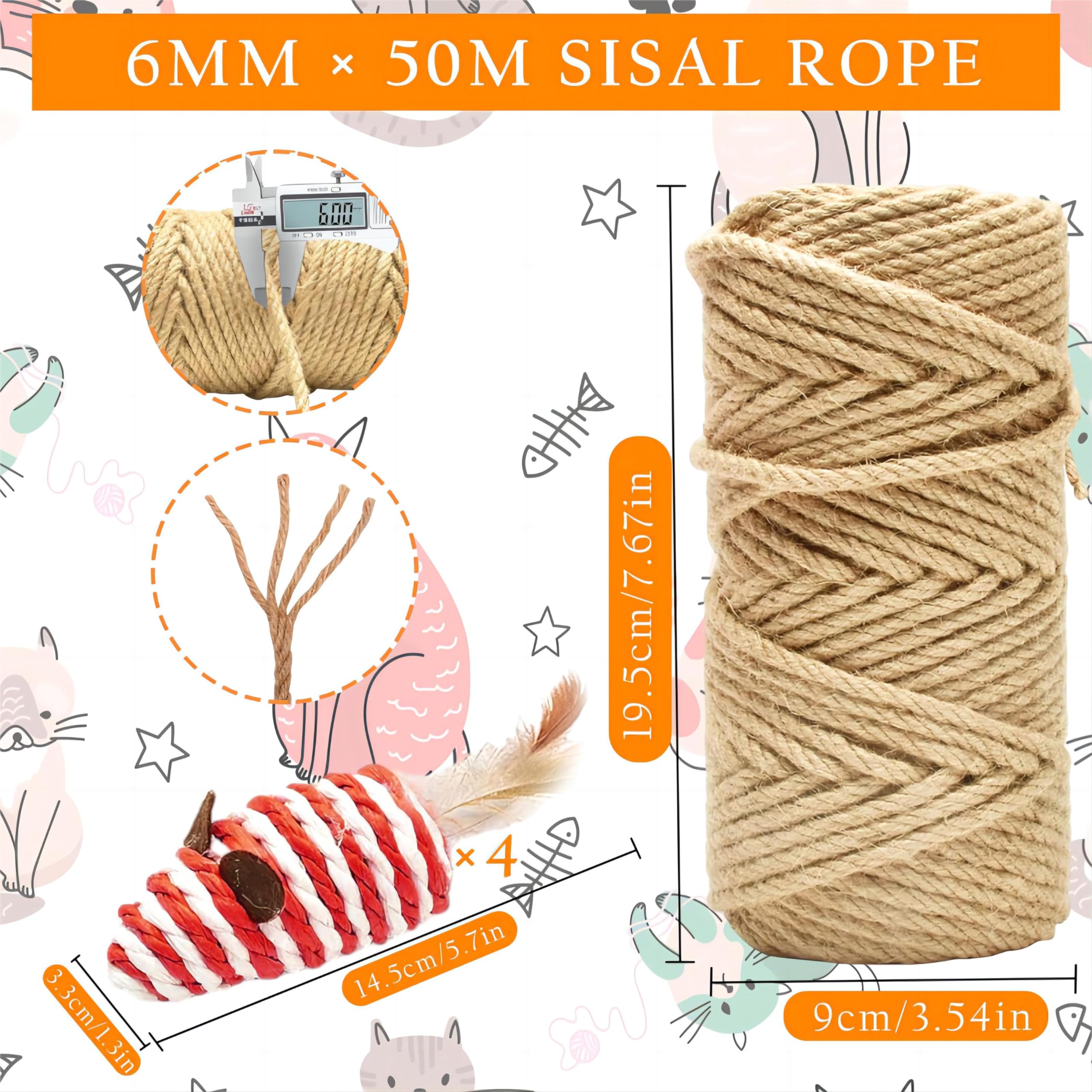 Corda Sisal Naturale Per Tiragraffi - 6mm X 50m, Con Giocattolo Topo Per Gatti - Foto 2