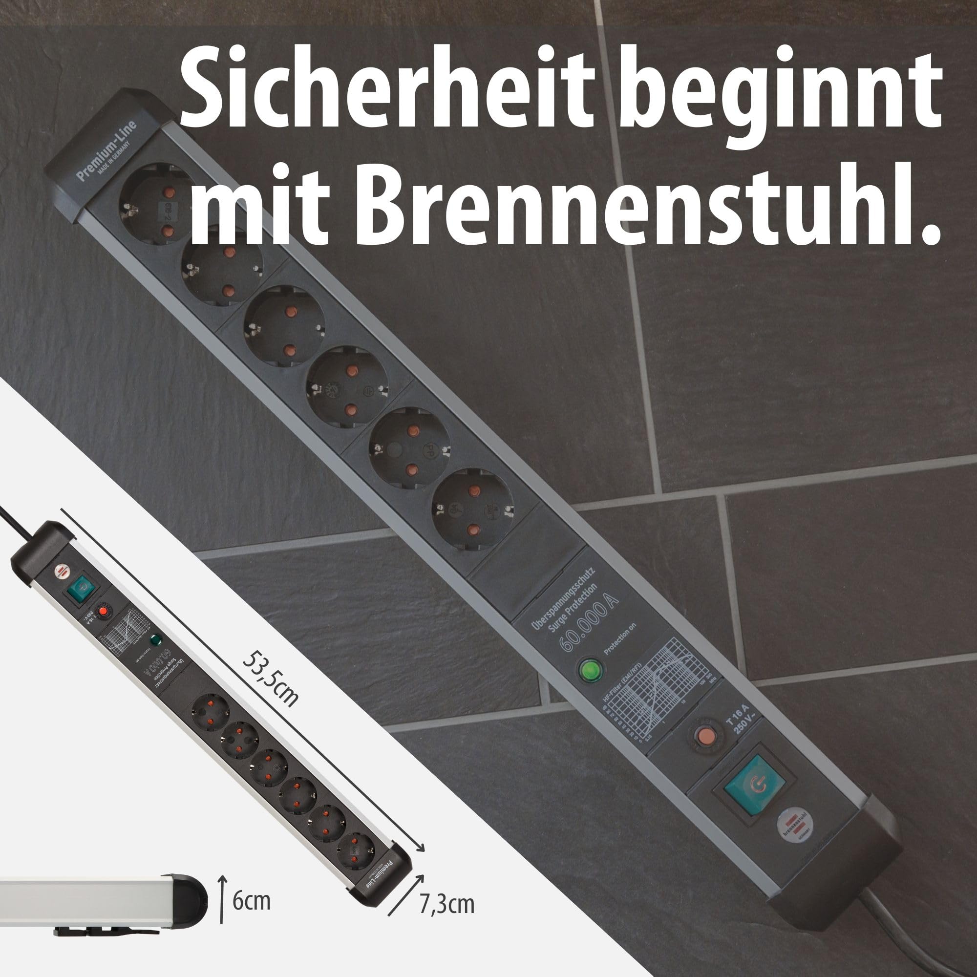 Brennenstuhl Premium-Protect-Line Steckdosenleiste 6-Fach, 5m | Mit Überspannungsschutz 60.000 A, Mehrfachsteckdose mit Schalter, Made in Germany, silber/schwarz