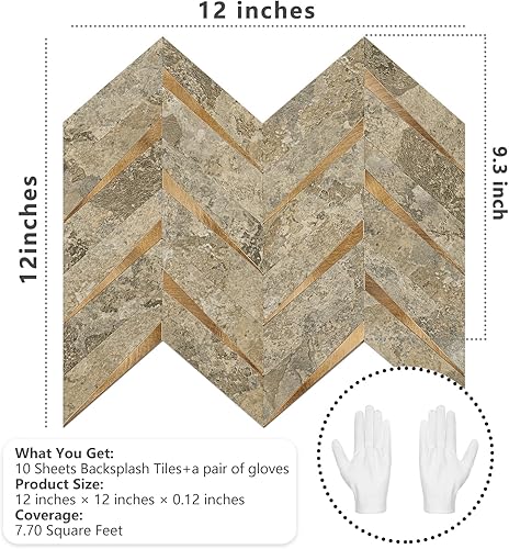 Vista 23 de STICKGOO Azulejos de espiga de 10 hojas para despegar y pegar, mármol Calacatta mezclado con PVC dorado claro en muro, azulejos de pared Calacatta