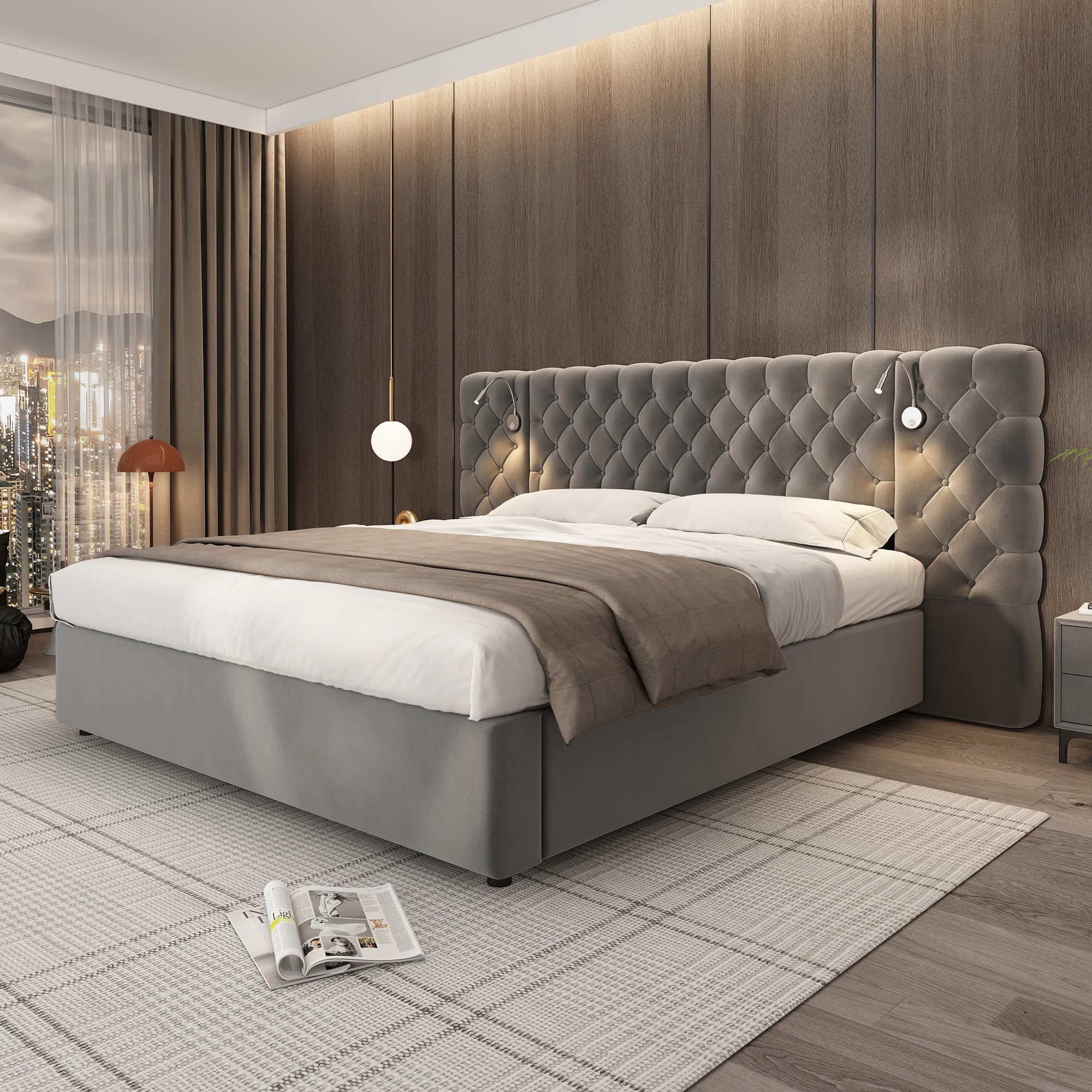 Cama Tapizada 180x200, Cama Doble con LED iluminación y Espacio de Almacenamiento, Hidráulica Modern Cama Matrimonio Juvenil con Cabecero Ancho y Suave y Somier, Gris, Terciopelo, Sin Colchón