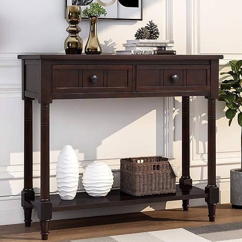 Miniatura 1 de P PURLOVE Mesa de sofá con cajones, mesa de entrada, mesa consola de madera con dos cajones de almacenamiento y parte inferior para sala de estar