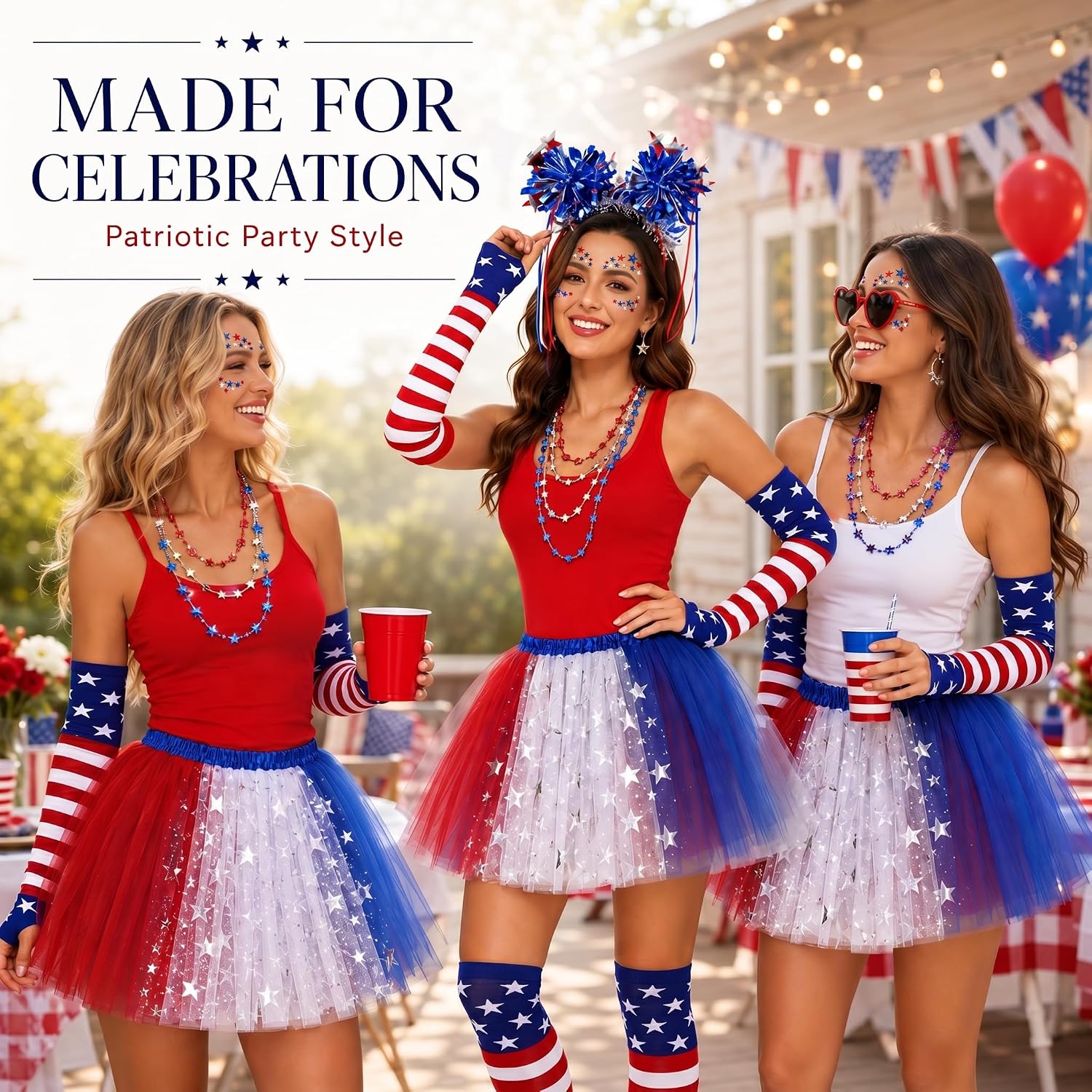 8 Pcs Patriotic Costume Accessories, Patriotic Headband Star Necklaces Face Tatoo Gloves Tights and Tutu for 250th Party Supplies 4th of July Independence Day Cosplay