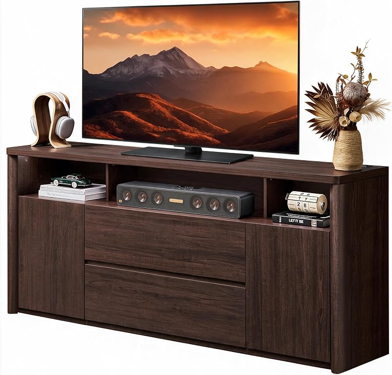 Marsail 70” Mid Century Modern TV Stand for 75 inch TV, Wood Entertainment Center with Storage, Tall Media Console Cabinet with Charging Station & LED, TV Consoles for Living Room & Bedroom, Walnut