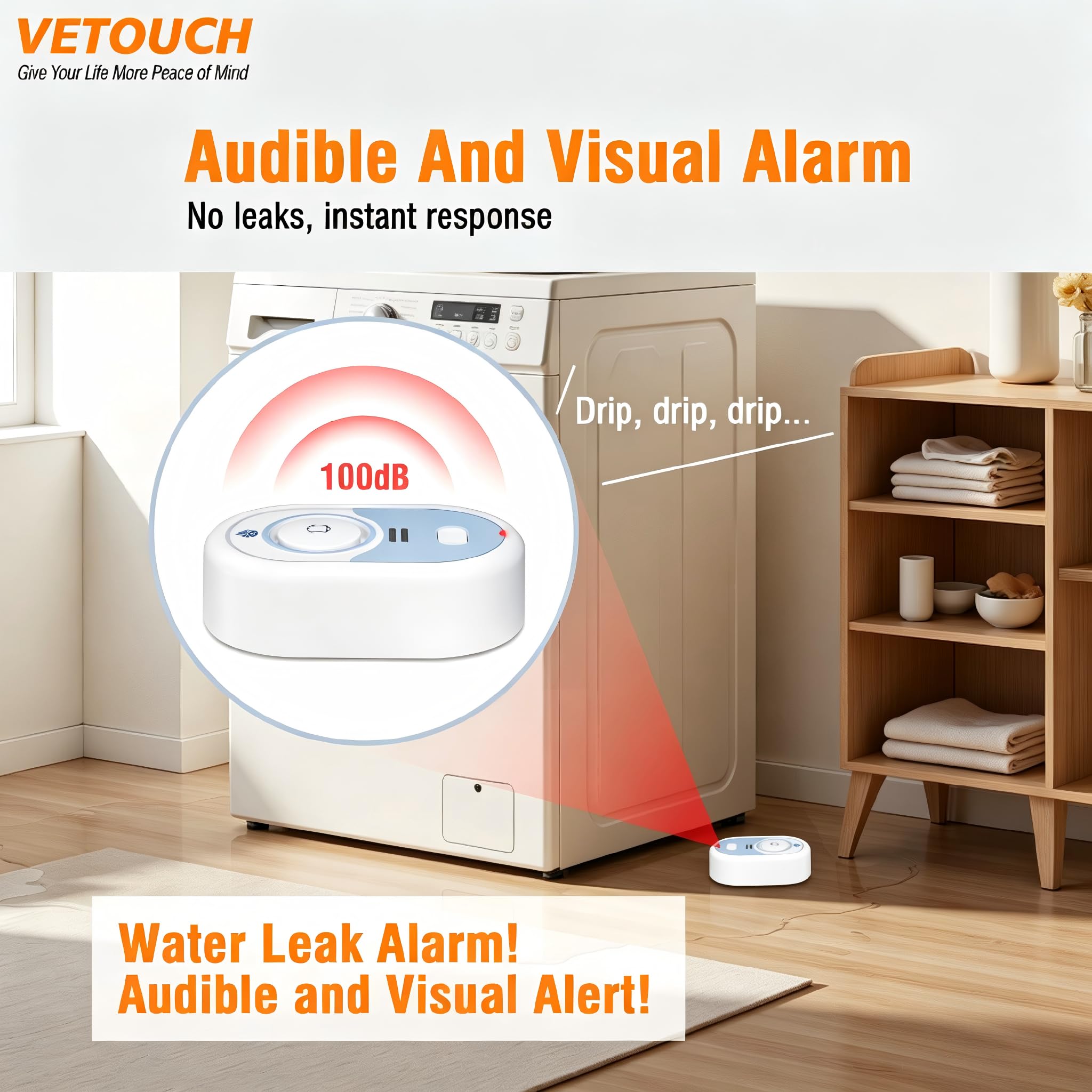 Detector de fugas de agua con alarma fuerte, sirena de 100 dB y flash LED, alarma con sensor de agua para el hogar, sótano, bomba de sumidero, cocina, baño, RV, calentador de agua, interior y