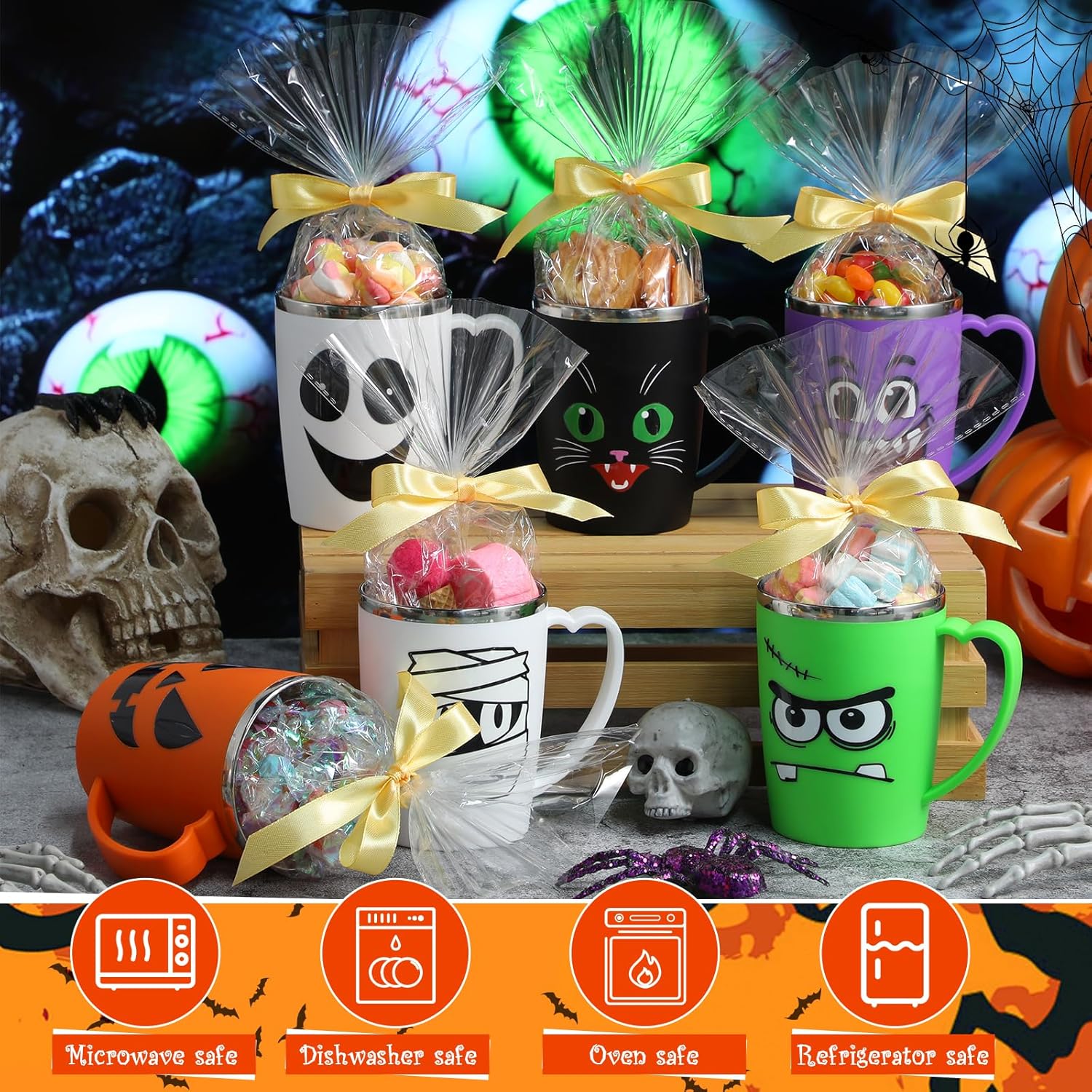 Patelai 6 Sets Halloween Coffee Mugs Cups 16 oz Halloween Stainless Steel Insulated Tumblers Bulk with Handle Lid Straw Brushes Clear Opp Bags Ribbons Spooky Black Cat Ghost Trick or Treat Party Gifts - Image 2