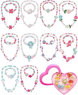 30 Pieces Girl Princess Necklace Bracelet Jewelry Set Includes 10 Sets Girls Beaded Necklace Bracelet and 10 Rings with Plastic Heart Shaped Box for Dress Up Party Cosplay Accessories