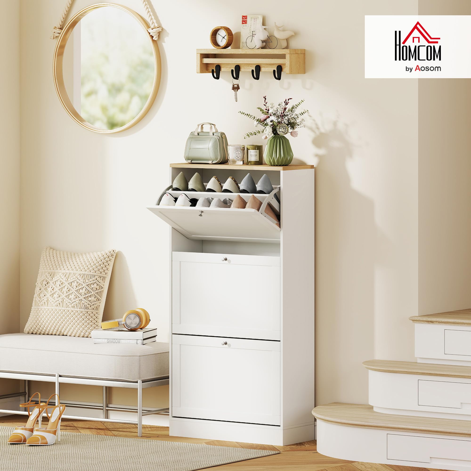 HOMCOM Scarpiera Salvaspazio Slim con 3 Ante a Ribalta, Scarpiera Ingresso Moderna in Legno con Ripiani Regolabili su 2 Livelli, Porta Scarpe per 12-18 Paia con Maniglia, 60x23.5x115 cm, Bianco