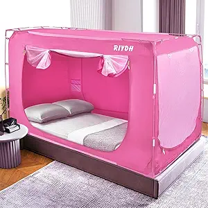 Bed Tent Canopy Twin Size Tents for Adult and Kids- Portable Dream Indoor Sleeping 70% Blackout with 3 Doors Breathable Big Space Pink