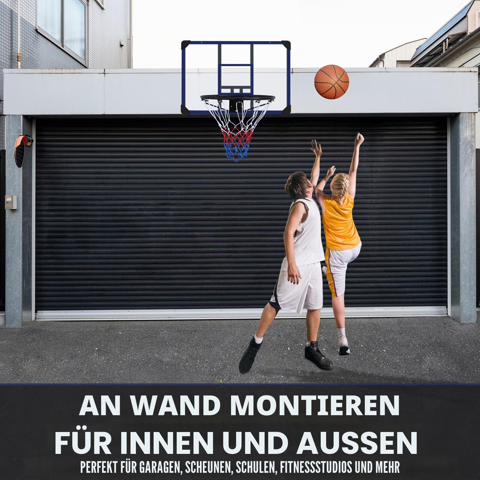Basketballkorb zur Wandmontage 89 x 60 cm bruchsichere Rückseite faltbarer Reifen Allwetternetz