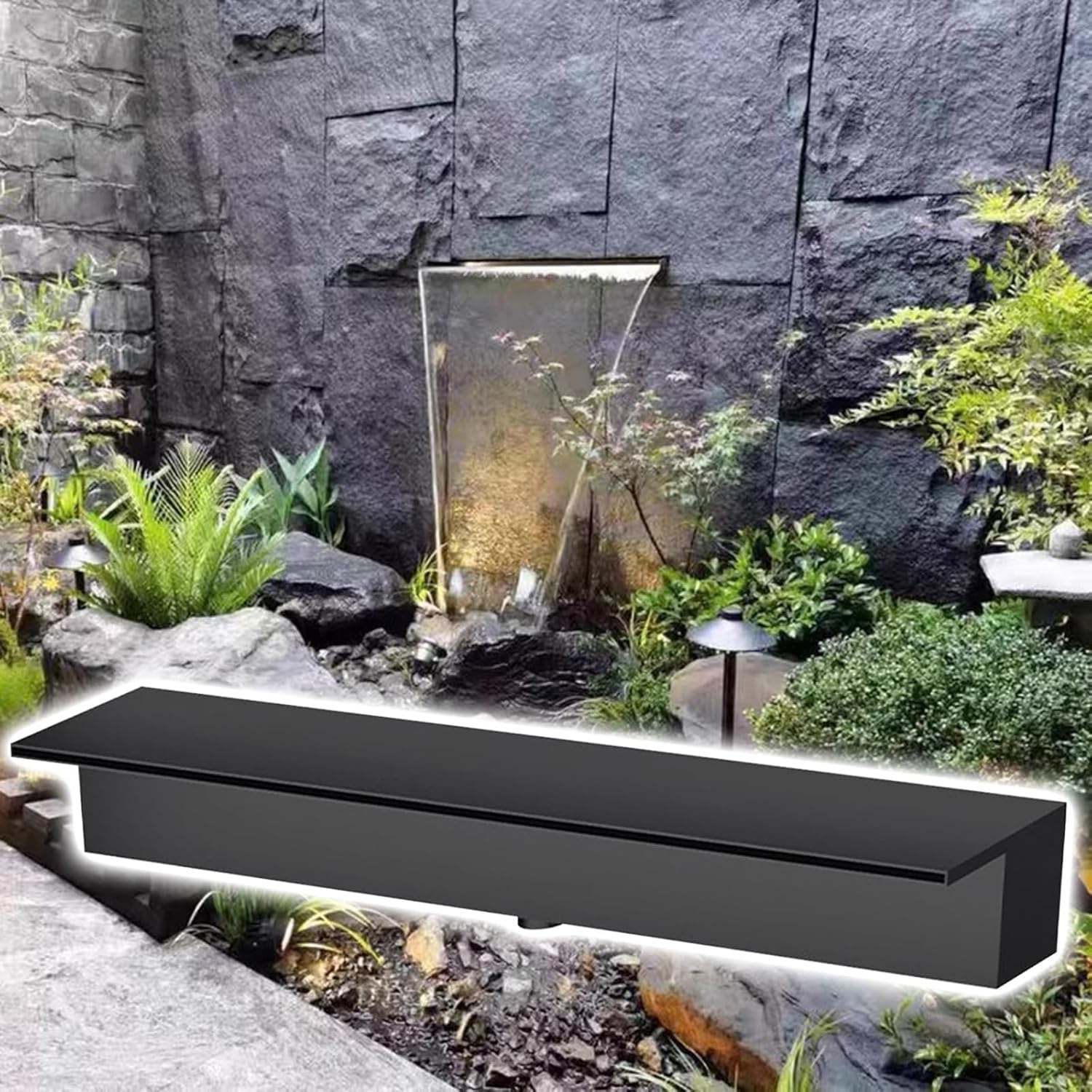 Black/Silver Rust-Resistant Fountain Spillway for Ponds, Small & Large Stainless Steel Pool Waterfall, with Accessories, 8/16/24/32/40/48/56/64/72/80 inch(Black,42inch(107cm))