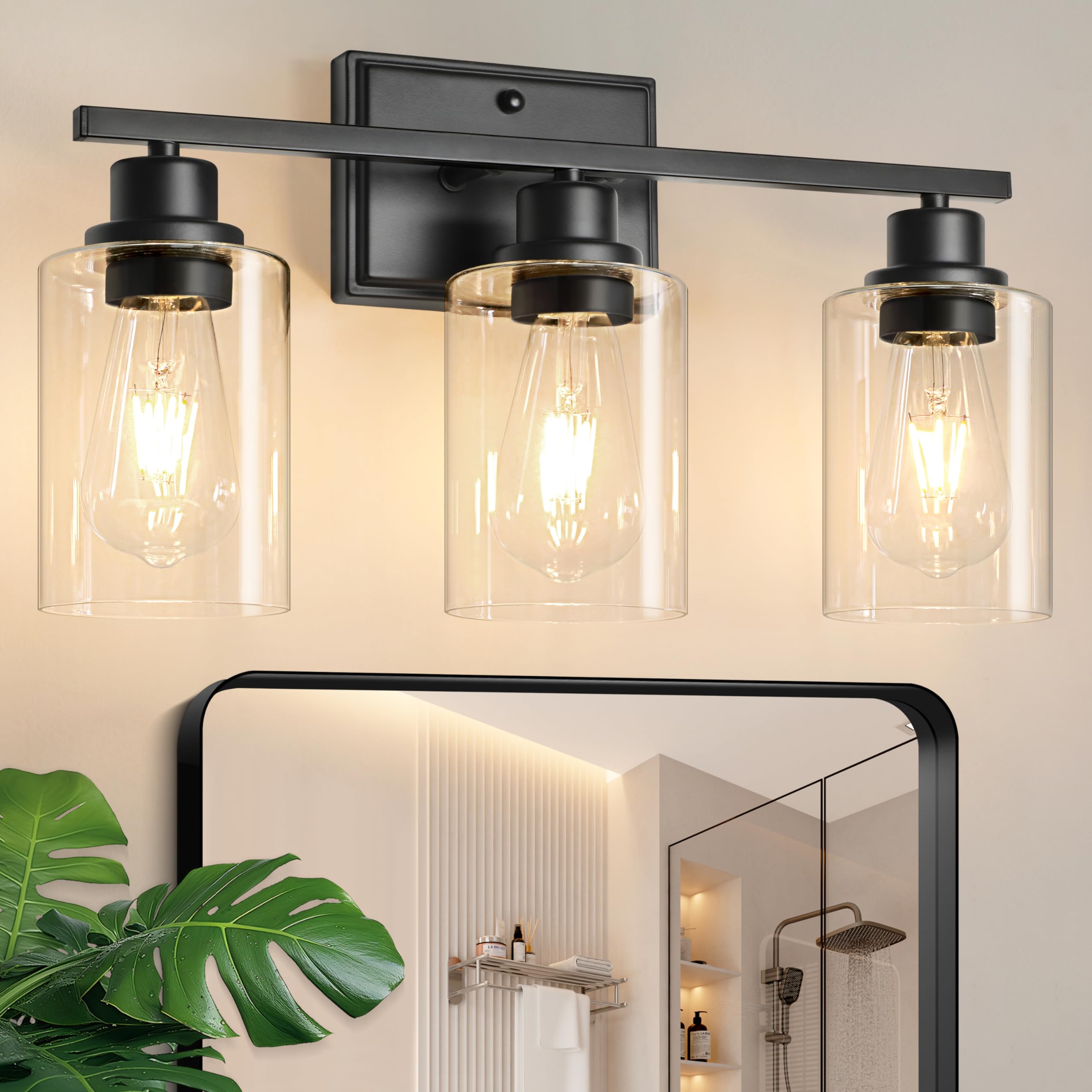 Photo 1 of [DAMAGED] Unicozin 3 Light Bathroom Light Fixtures, Modern Vanity Lights Over Mirror, Black Wall Lamp with Clear Glass for Living Room Cabinet Bedroom Porch