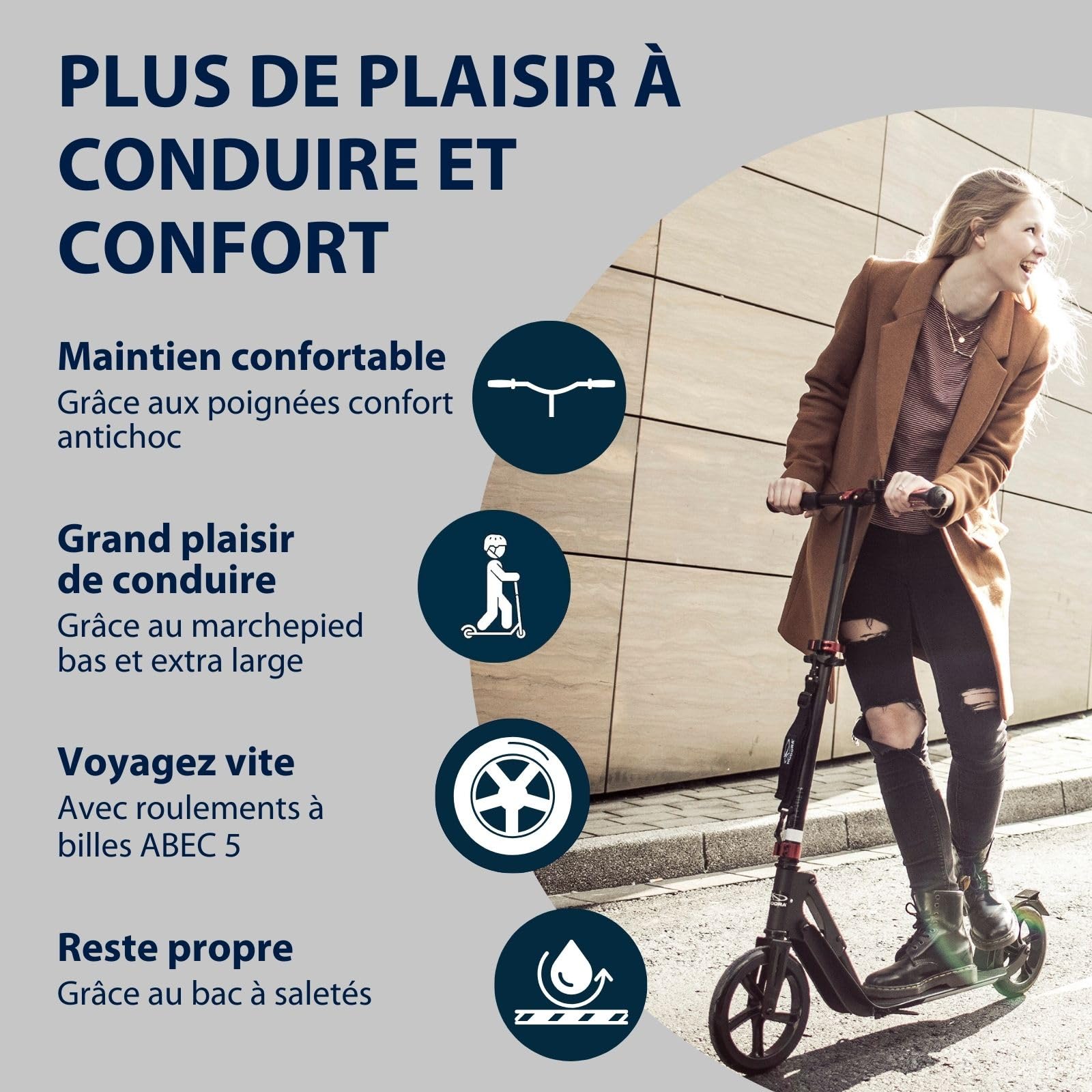 HUDORA BigWheel Scooter Style 230 - Trottinette stable en aluminium avec une grande plateforme - Réglable en hauteur et pliable - Pour adolescents et adultes jusqu'à 120kg