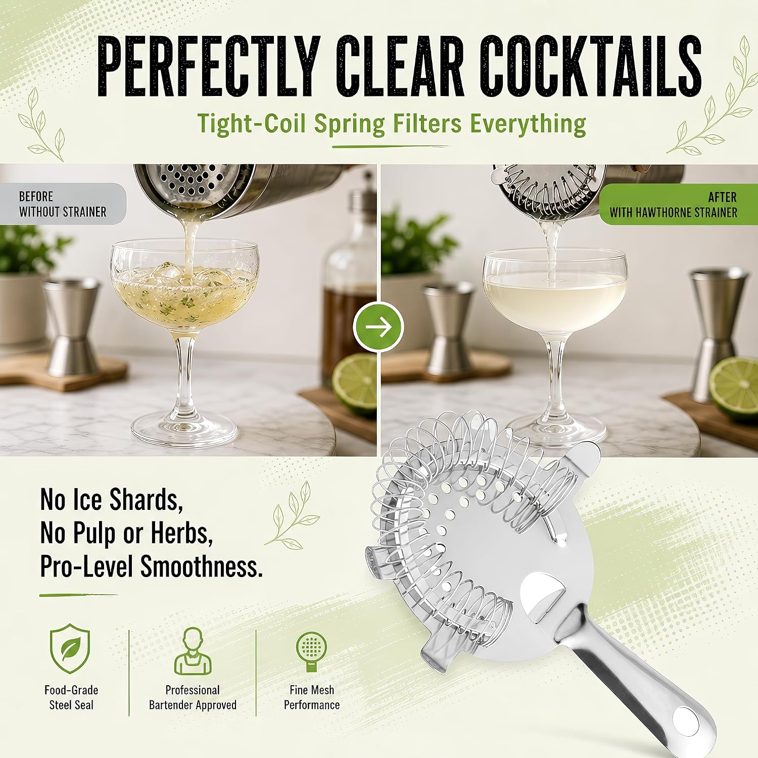 Hawthorne Strainer for Cocktails - Professional Bar Strainer - 4 Prong Design - Bartender Strainer for Shaker - Use for Cocktail Shakers with Strainer - Stainless Steel Strainer Set - 3 Pack