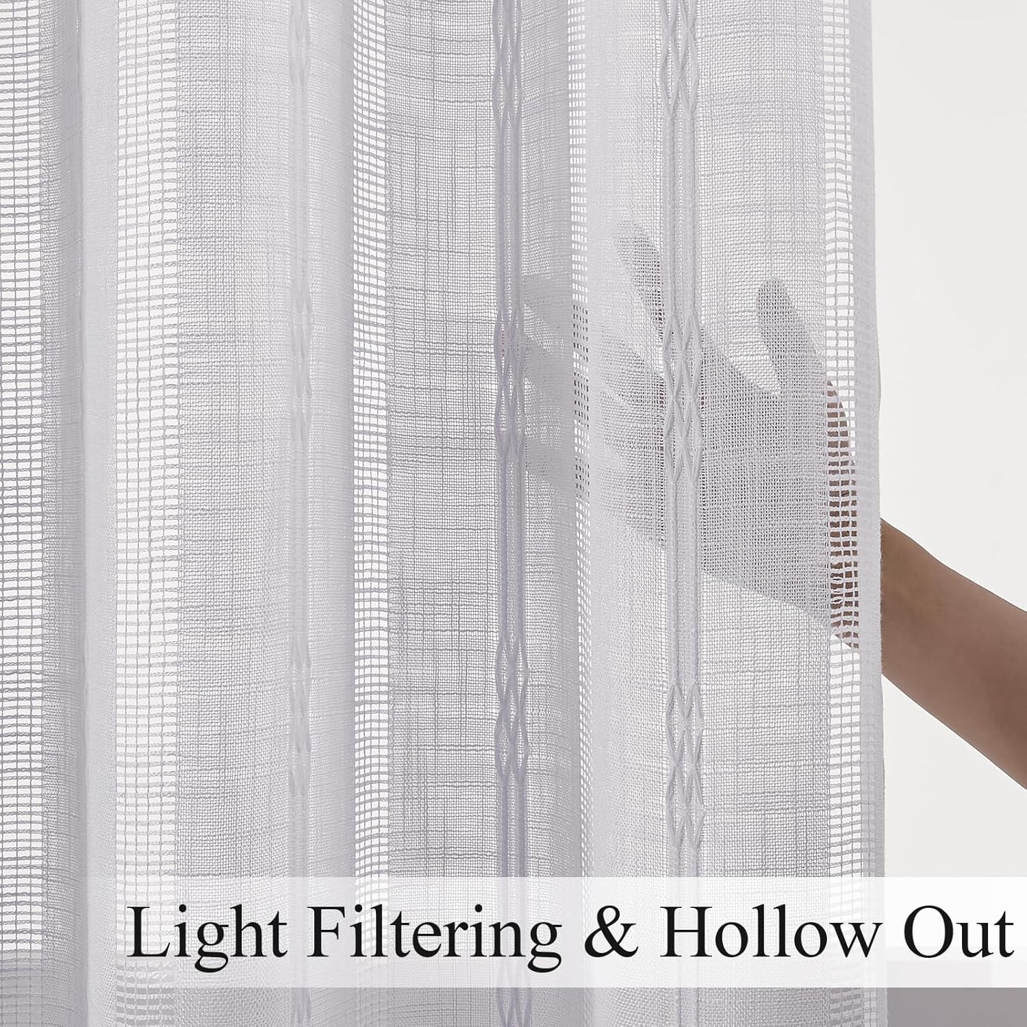 Estelar Textiler White Linen Boho Farmhouse Curtains for Sliding Door, Embroidered Curtains 96 Inches Long, Light Filtering Semi Sheer Grommet Top Drapes for Living Room/Bedroom, 52Wx96L, 2 Panels