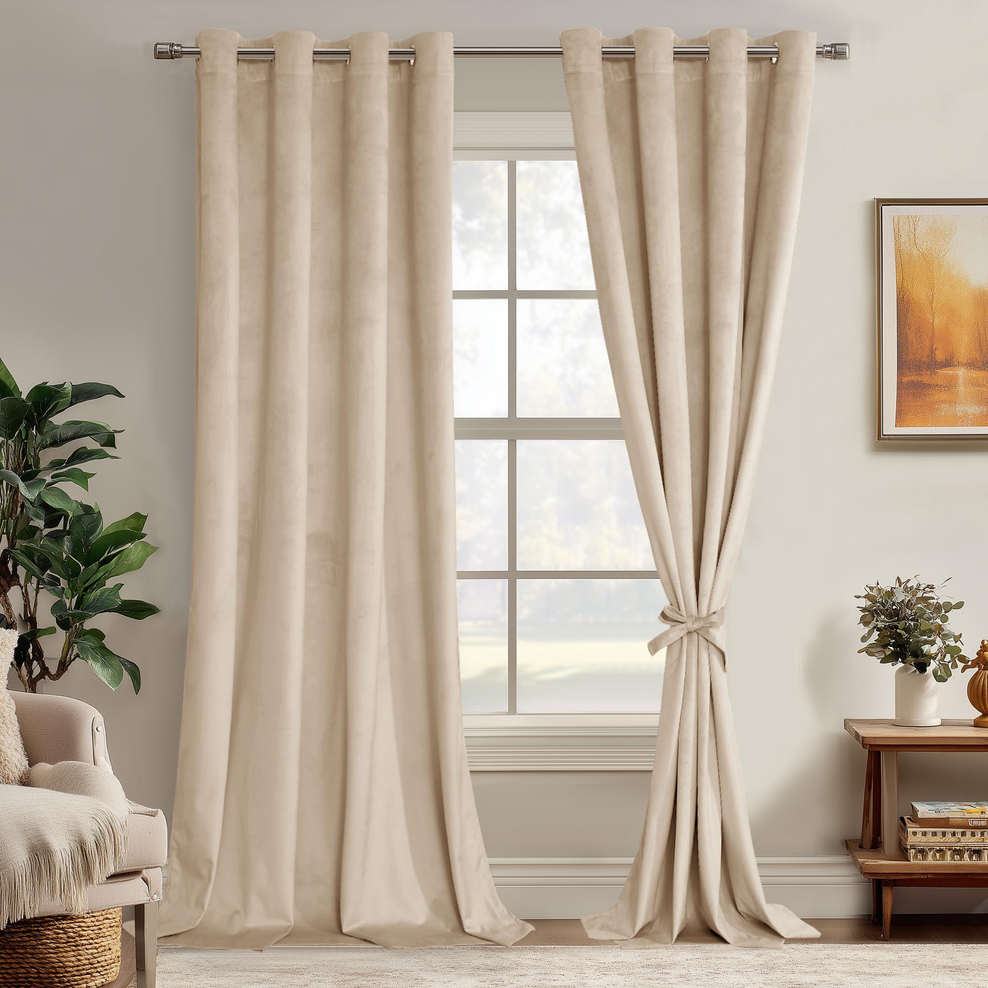 JIUZHEN Beige Velvet Curtains 84 inches for Living Room - Thermal Insualted Room Darkening Grommet Thick Velvet Window Drapes for Bedroom, Set of 2