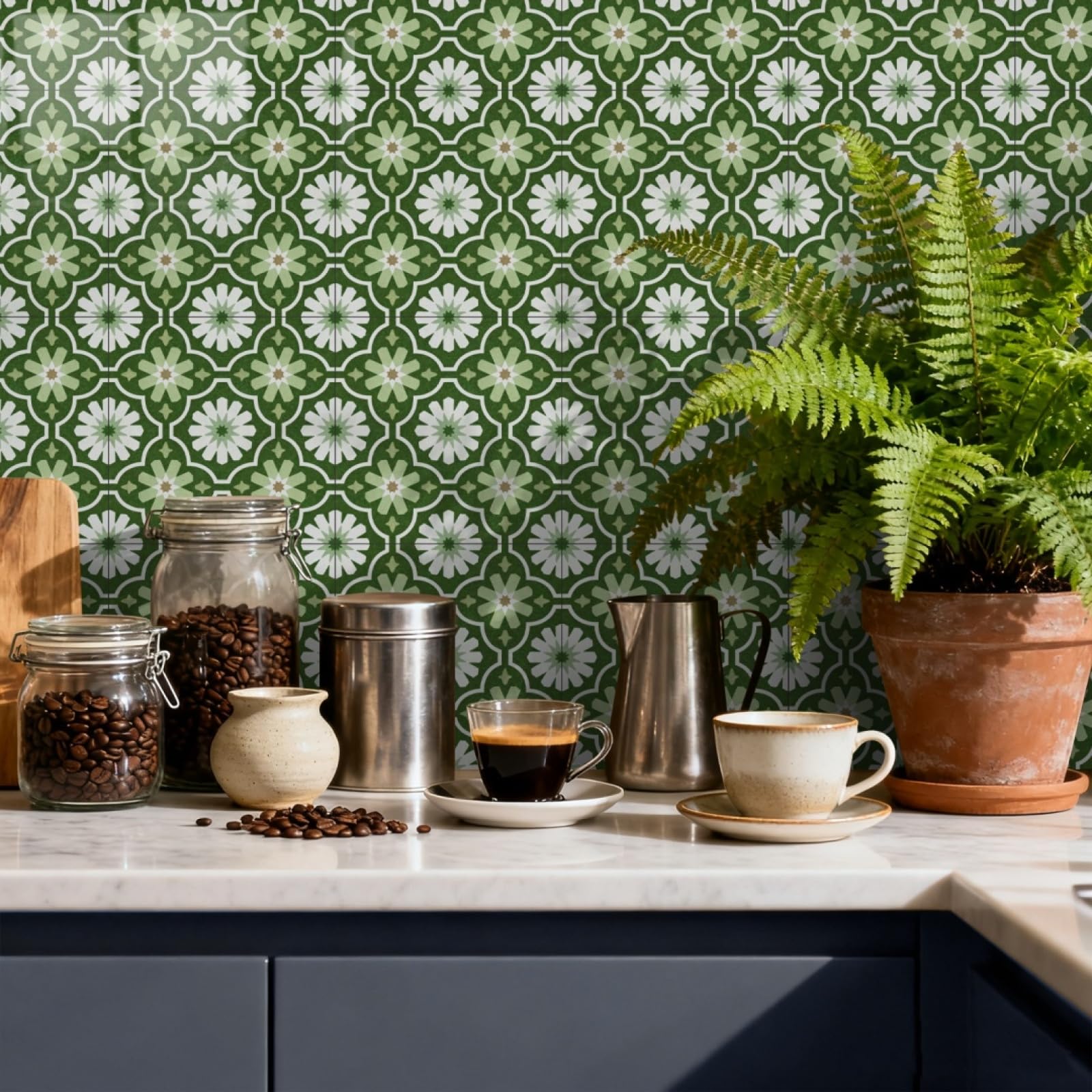 LMYSXAOZ Stick on TilesGreen Flowers Self Adhesive Transfer Sticker for Bathroom Kitchen, Peel and Wall Tiles PVC Decoration 10 PC(10X10cm)