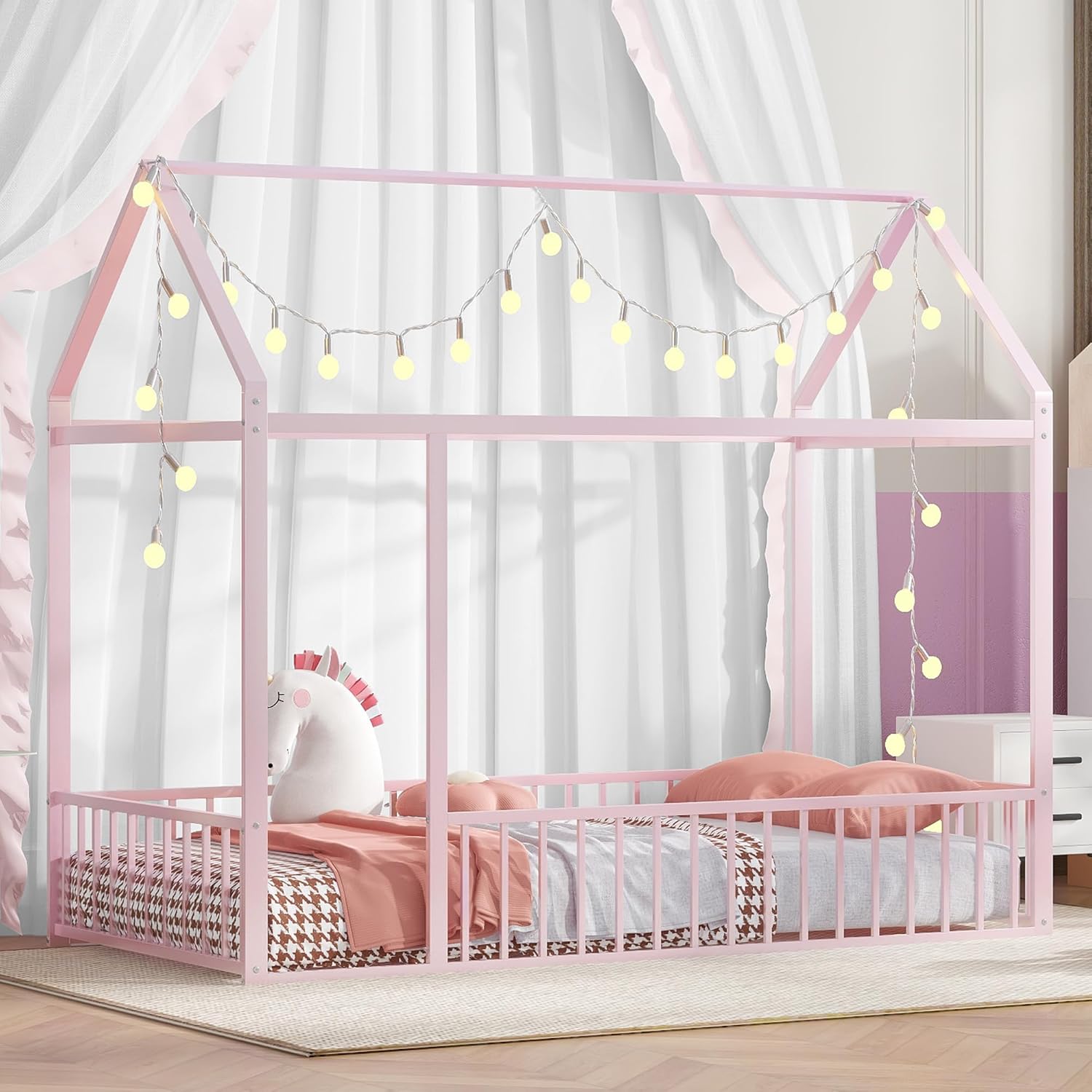 Bellemave Full Floor Bed Frame, Metal Montessori Floor Bed Full with Fence for Boys Girls Bedroom Playhouse for Kids No Slat, Easy Assembly House Shaped Floor Beds Pink