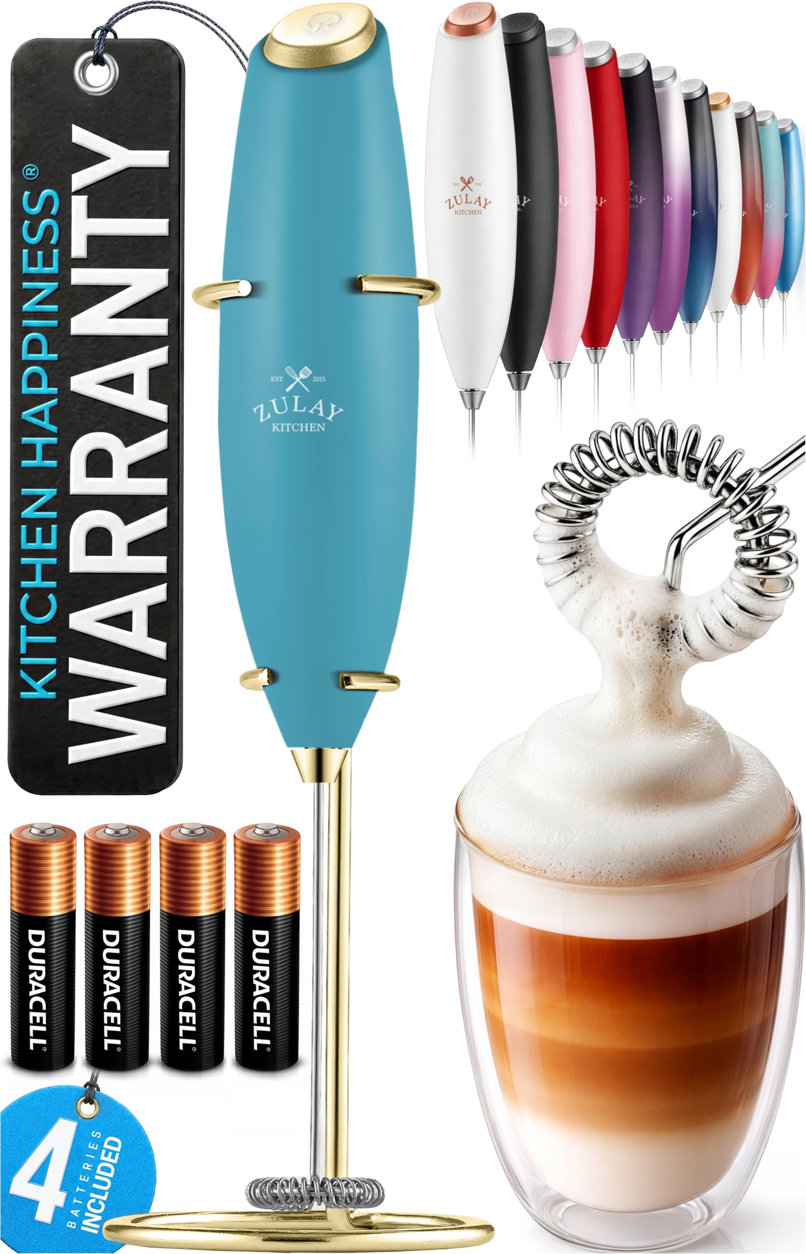 Zulay Kitchen Powerful Milk Frother Wand With Duracell Batteries - Ultra Fast Handheld Drink Mixer - Electric Whisk Foam Maker for Coffee, Lattes, Cappuccino &amp; Matcha - Z1 Motor - Lake Gold
