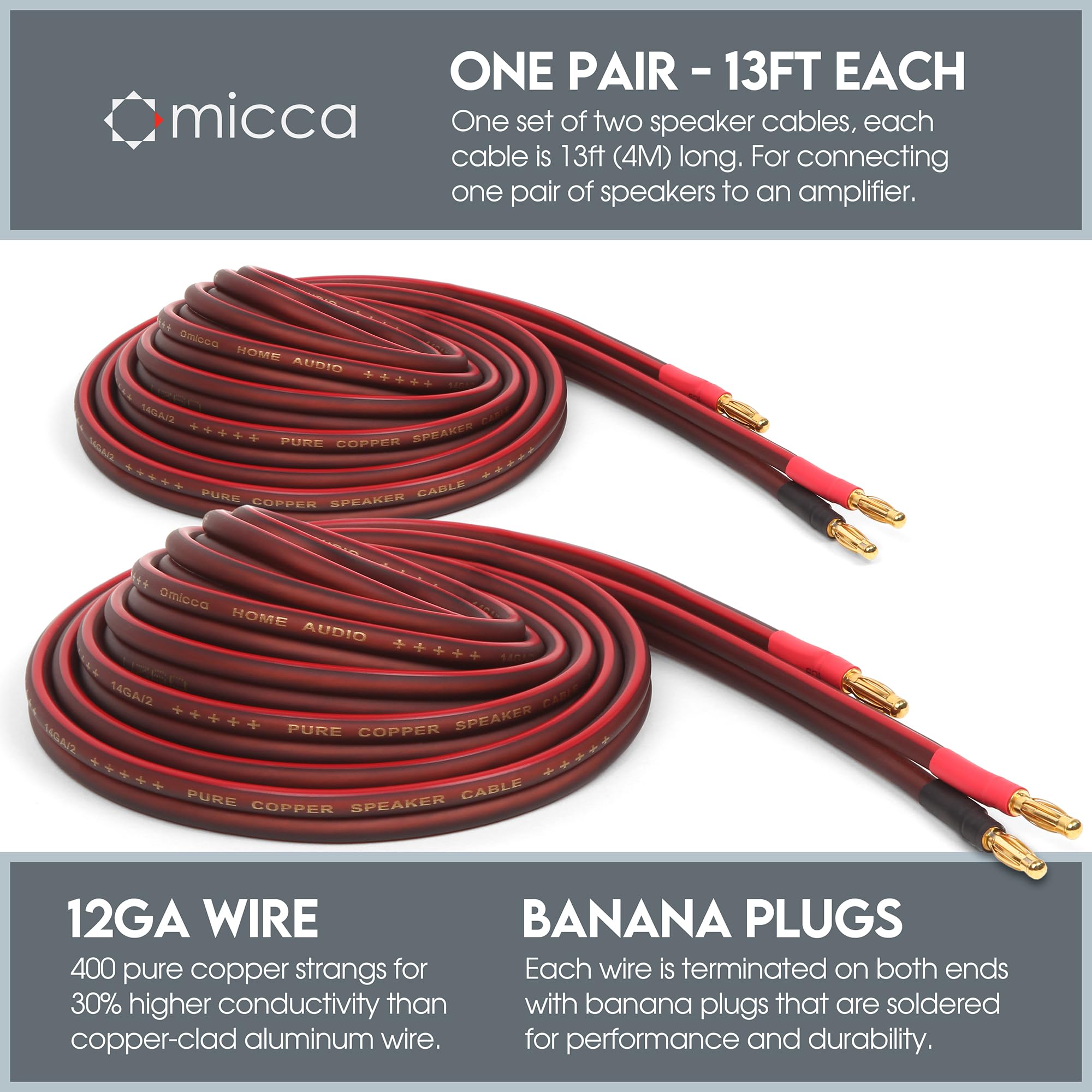 Micca Lot de 2 paires de câbles de haut-parleur en cuivre pur calibre 12, 4 m chacun, connecteurs bananes plaqués or, construction soudée, design fin, 400 brins, pour stéréo ou home cinéma