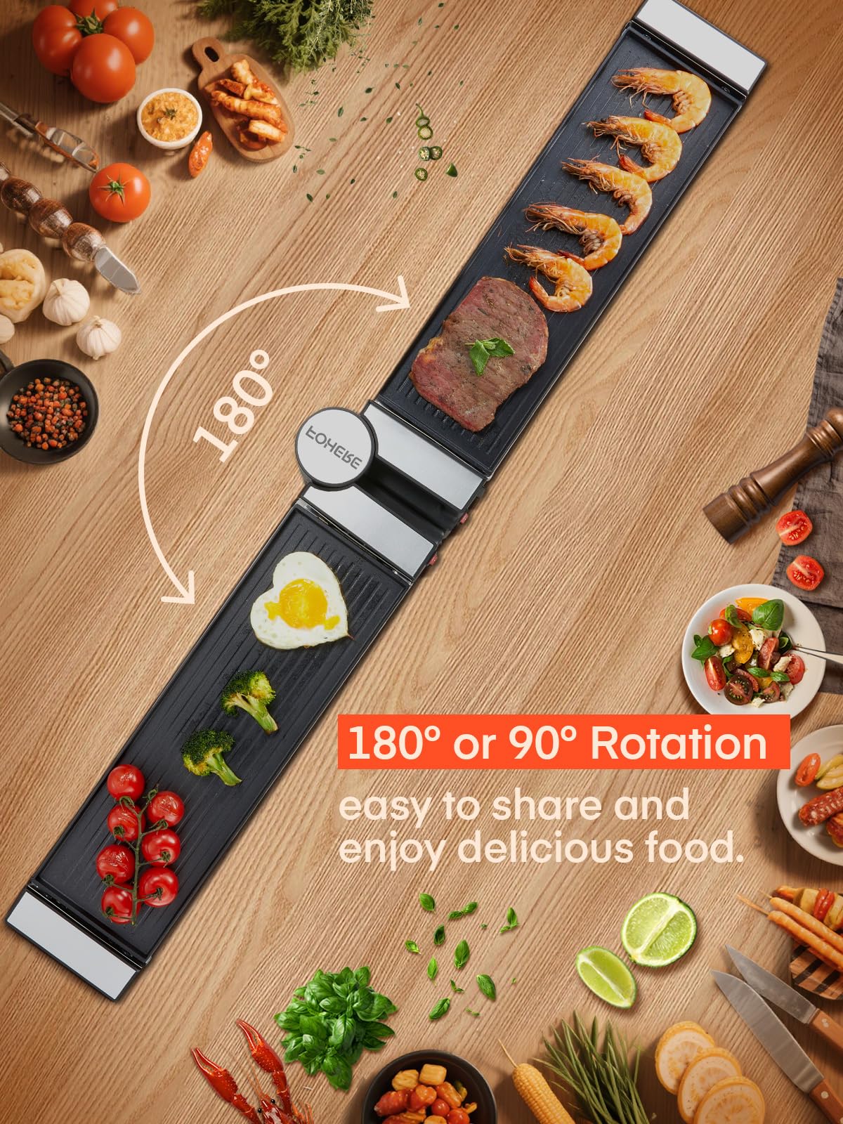 FOHERE Raclette Grill, Drehbarer Raclette 8 Personen mit Antihaftbeschichteter Backplatte und 8 Käseplatten, 1400 W, Edelstahl matt, ideal für Zuhause und Partys
