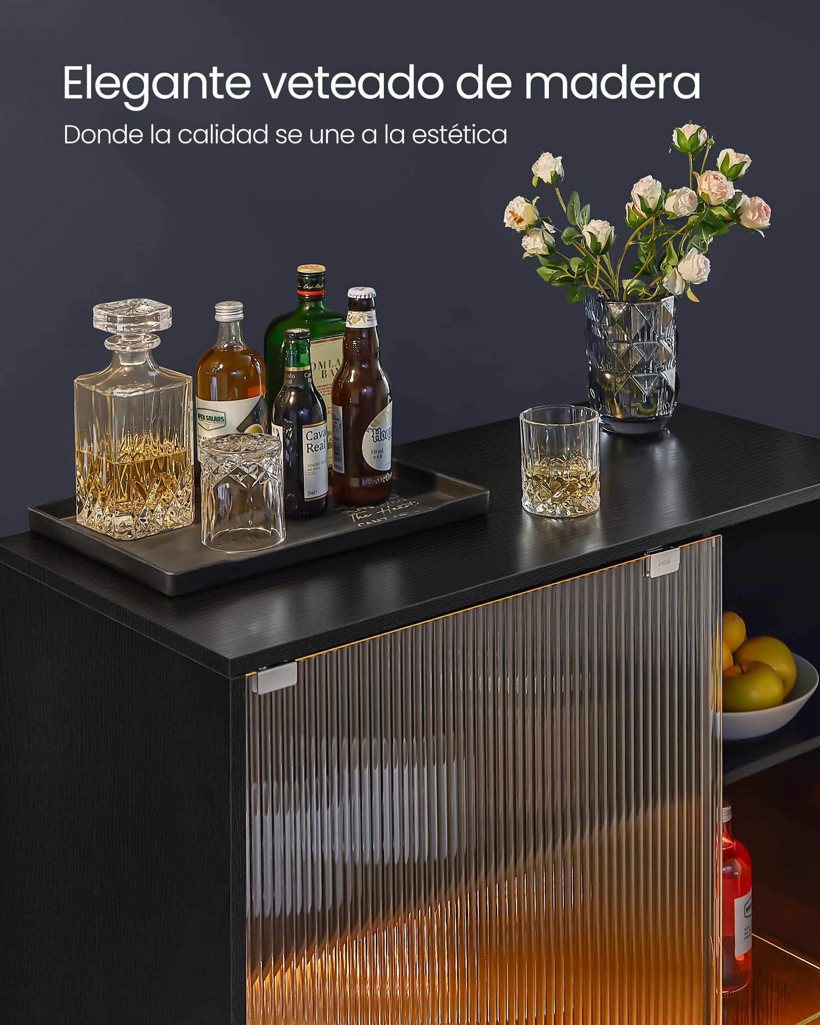 VASAGLE Aparador, Armario Bar Vino con Luces LED, con Almacenaje para Vino, Bar Café Licor, con Portavasos, Puerta de Vidrio Acanalado, para Sala de Estar, Negro Ébano BBK361B21
