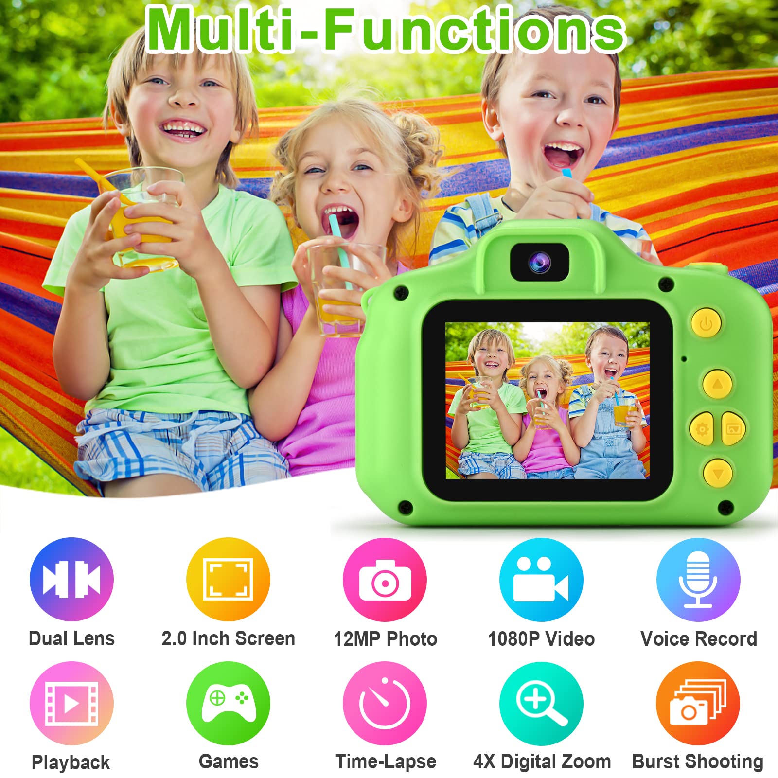 Cámara digital para niños de , nueva versión de 2021 con pantalla IPS de 2 pulgadas, videocámara HD de 39.4 pies, juguetes de regalo de cumpleaños para niños y niñas de 3, 4, 5, 6, 7 y 8 con micro tarjeta de memoria de 32 GB 2