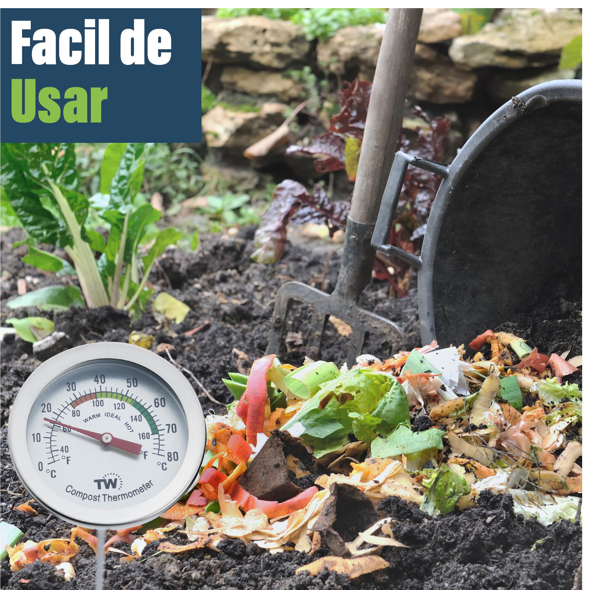 Termómetro de compost, termómetro de esfera de acero inoxidable, para compostaje en el hogar y el patio trasero, 50 mm de diámetro, esfera C & F — view 6