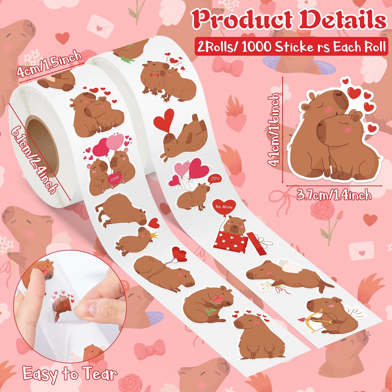 Romantic Capy Sticker Rolls - 2000Pcs Cute Capy with Hearts Self Adhesive Stickers for Kids, Kawaii Cartoon Animals Waterproof Decals for Laptop Luggage Guitar Party Gift Aniversary Birthday