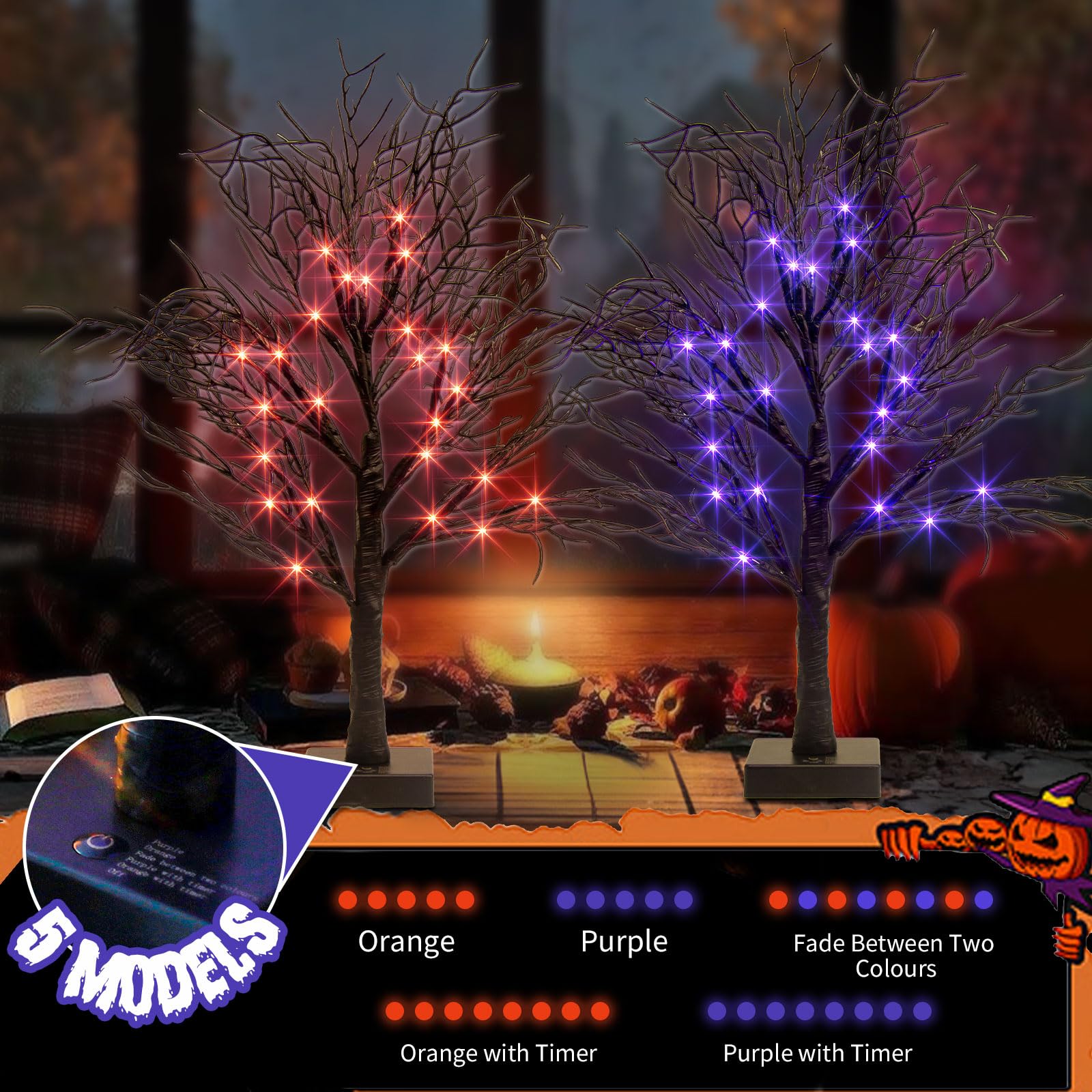 2 Pack Halloween Tree, Vanthylit Black Tree with Orange Purple Bi-Color Led Lights 6 Functions, USB & Battery Operated Lighted Willow Branch for Indoor Halloween Decorations (22 inch,24 LED)