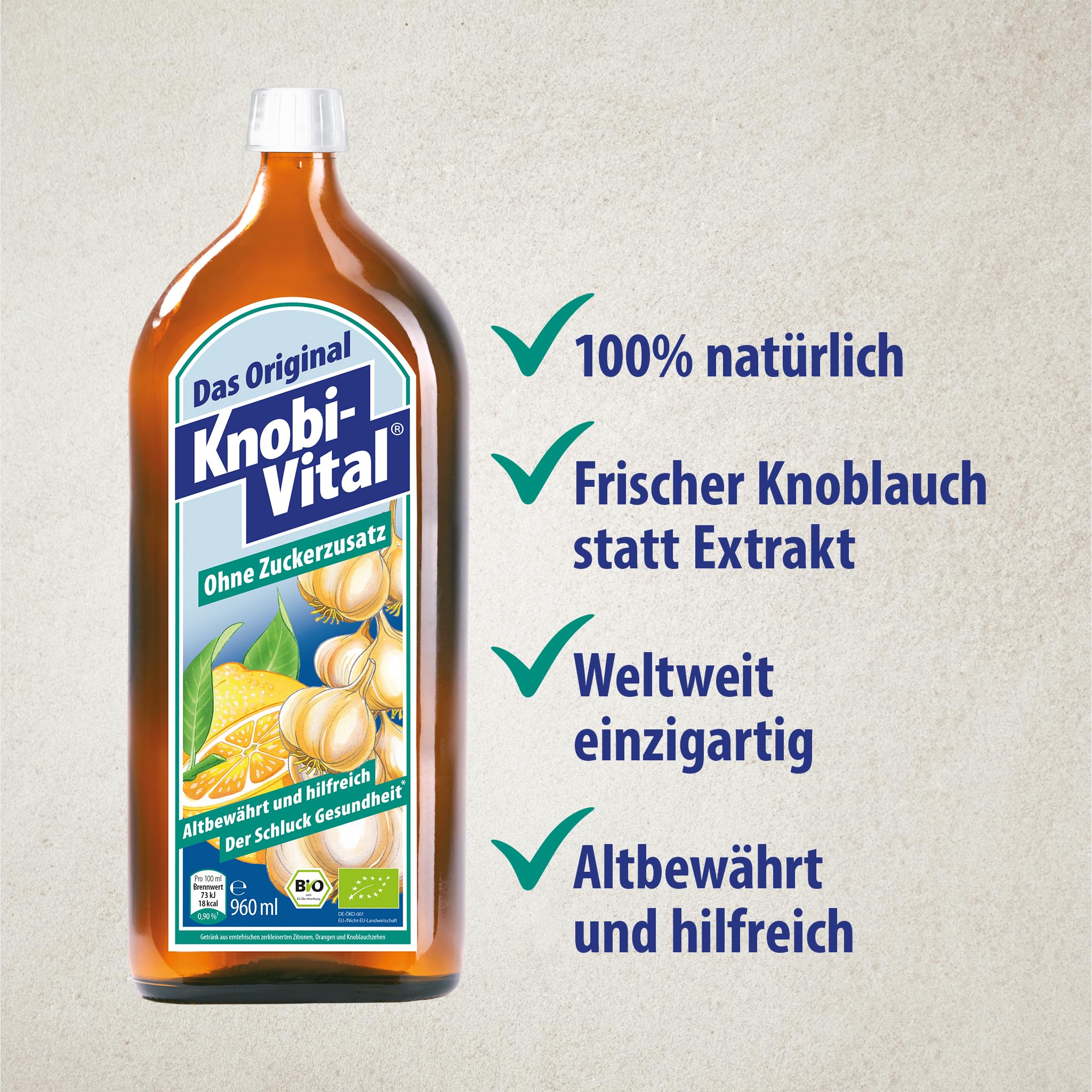 KnobiVital ohne Zuckerzusatz Bio (960 ml) I Hochkonzentrierter Knoblauchsaft mit Thiamin für Energie, Nerven & Herz I für Diabetiker geeignet - Vegan, natürlich & ohne Zusätze