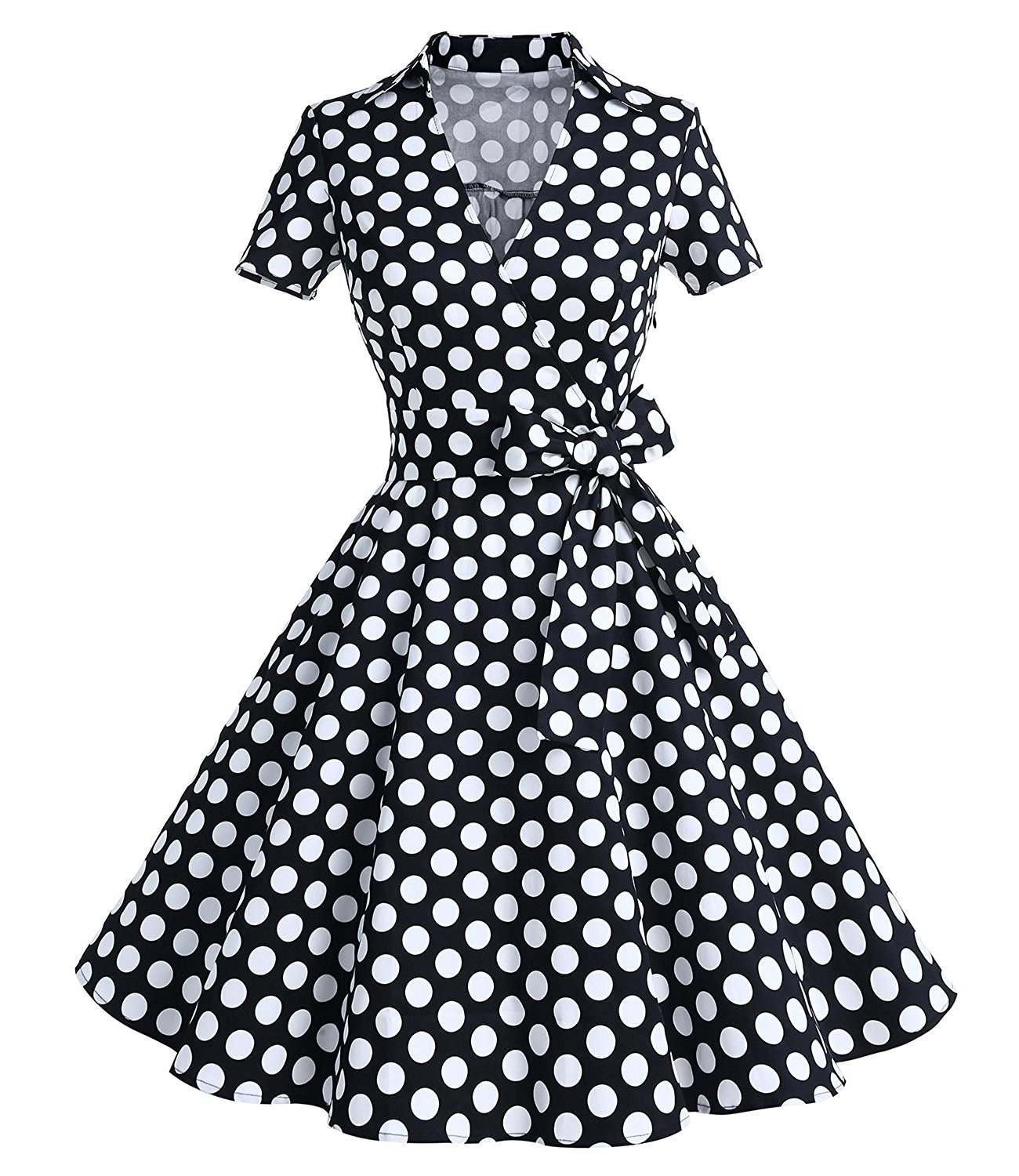 Women's 50s Vintage Retro Short Sleeve Rockabilly Cocktail Dress Polka Dots Swing Party Gown Black White Dots Size XL