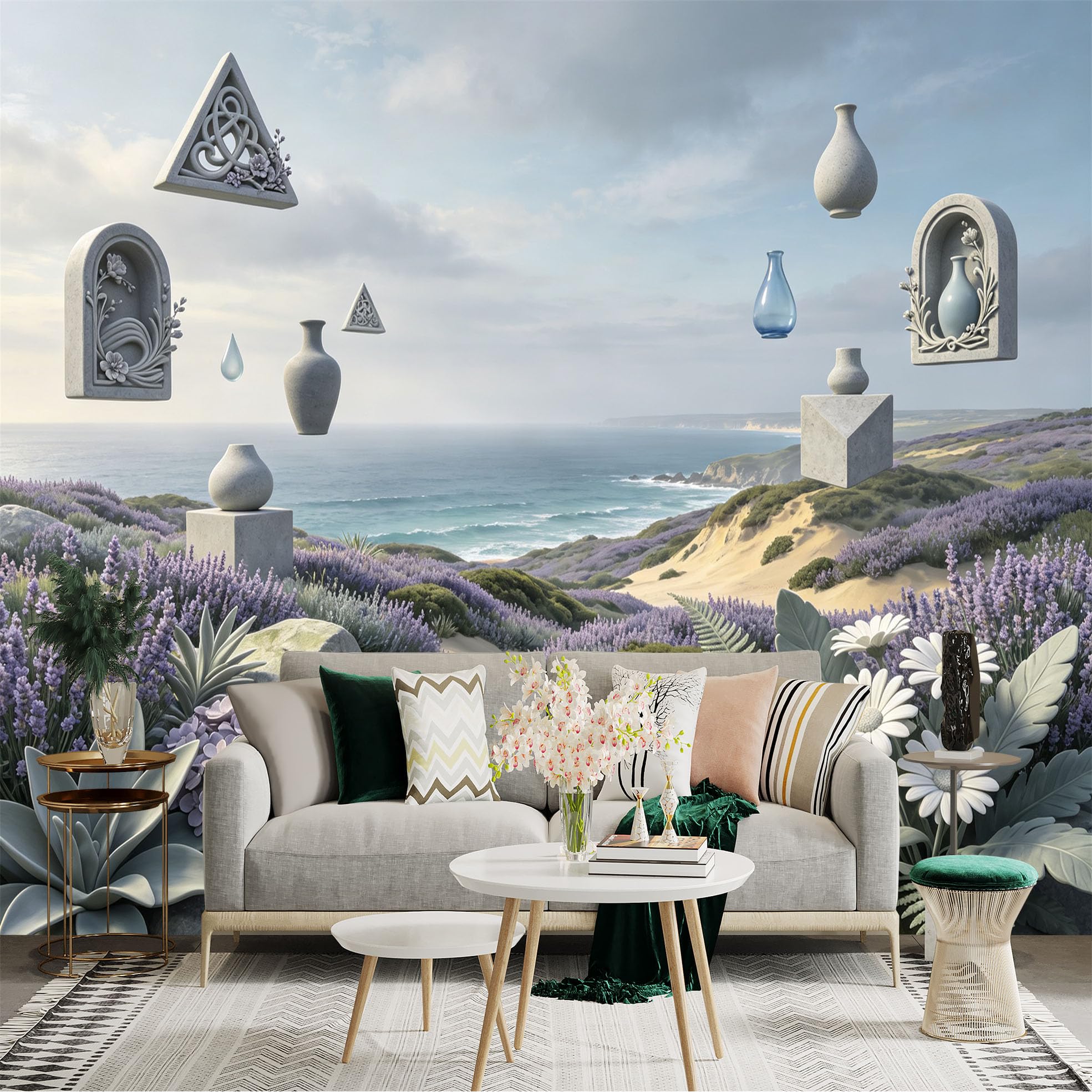 Lnzczhyre Bh260719457 Custom Size Wall Sticker Mural， Surreal Coastal Landscape With Floating Vases， Stone Sculptures， And Wildflowers， For Wall Decoration， Peelandstick Wall Decals.